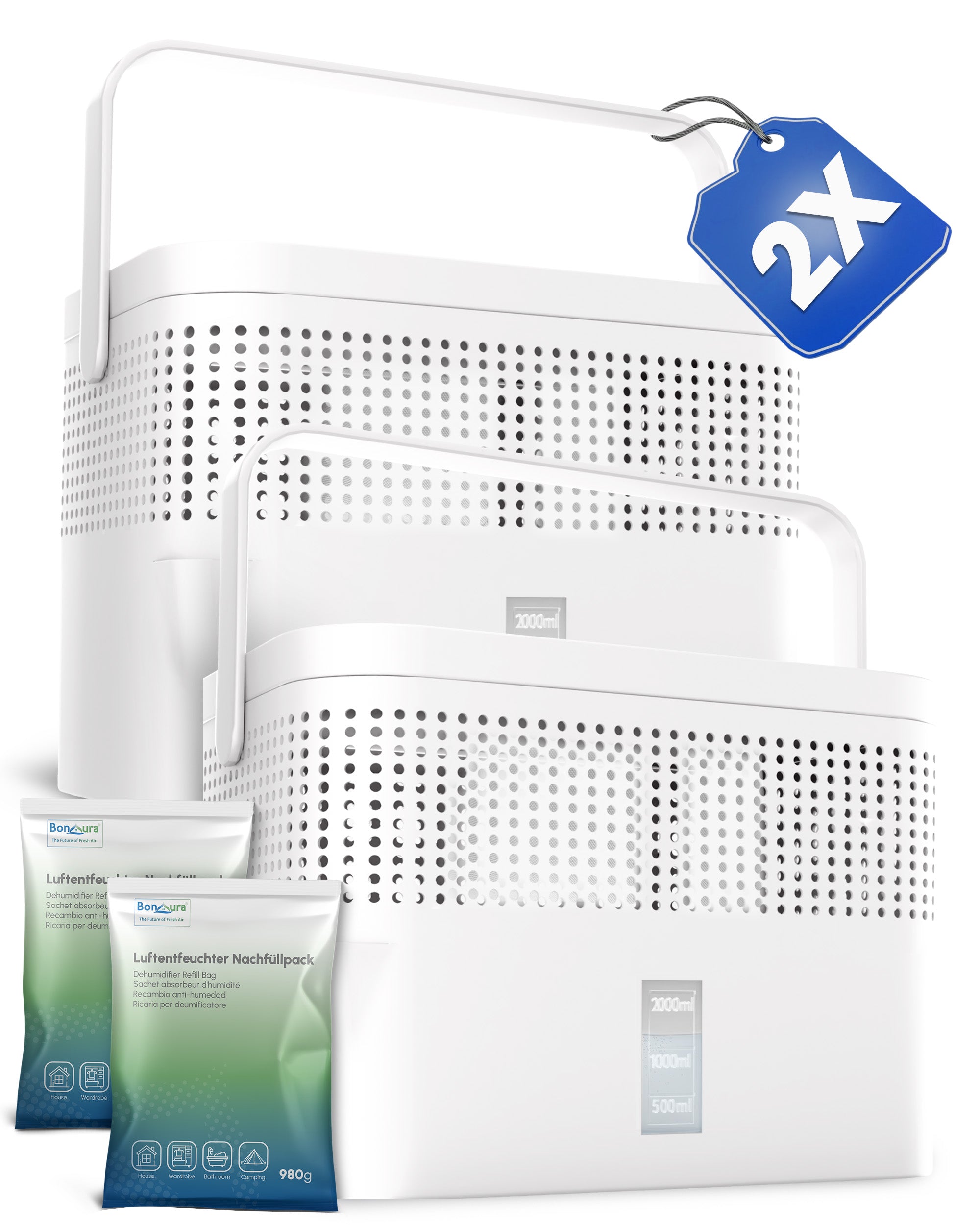 2er Set AirOne Max Luftentfeuchter ohne Strom mit 2x 980g Luftentfeuchter Granulat