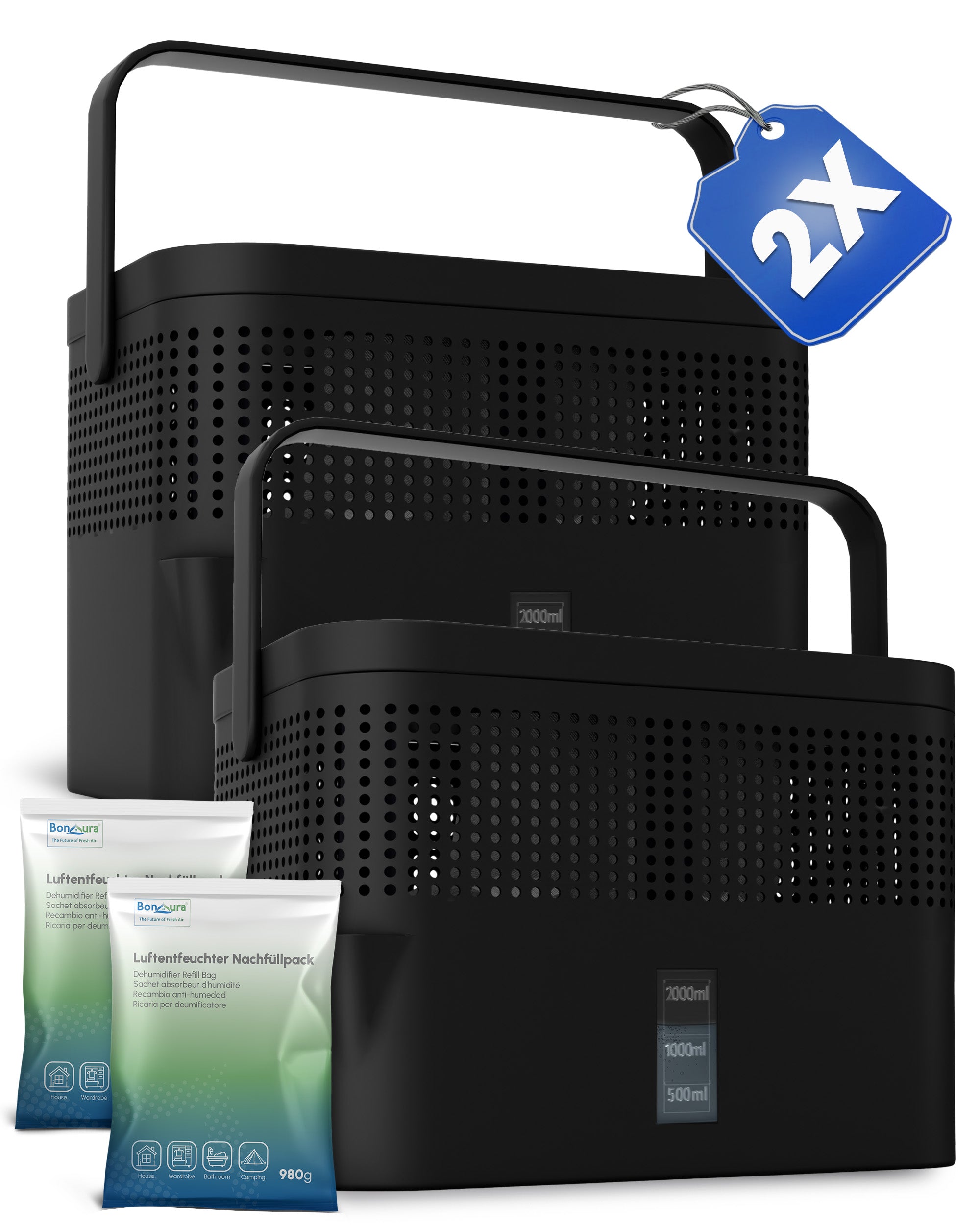 2er Set AirOne Max Luftentfeuchter ohne Strom mit 2x 980g Luftentfeuchter Granulat