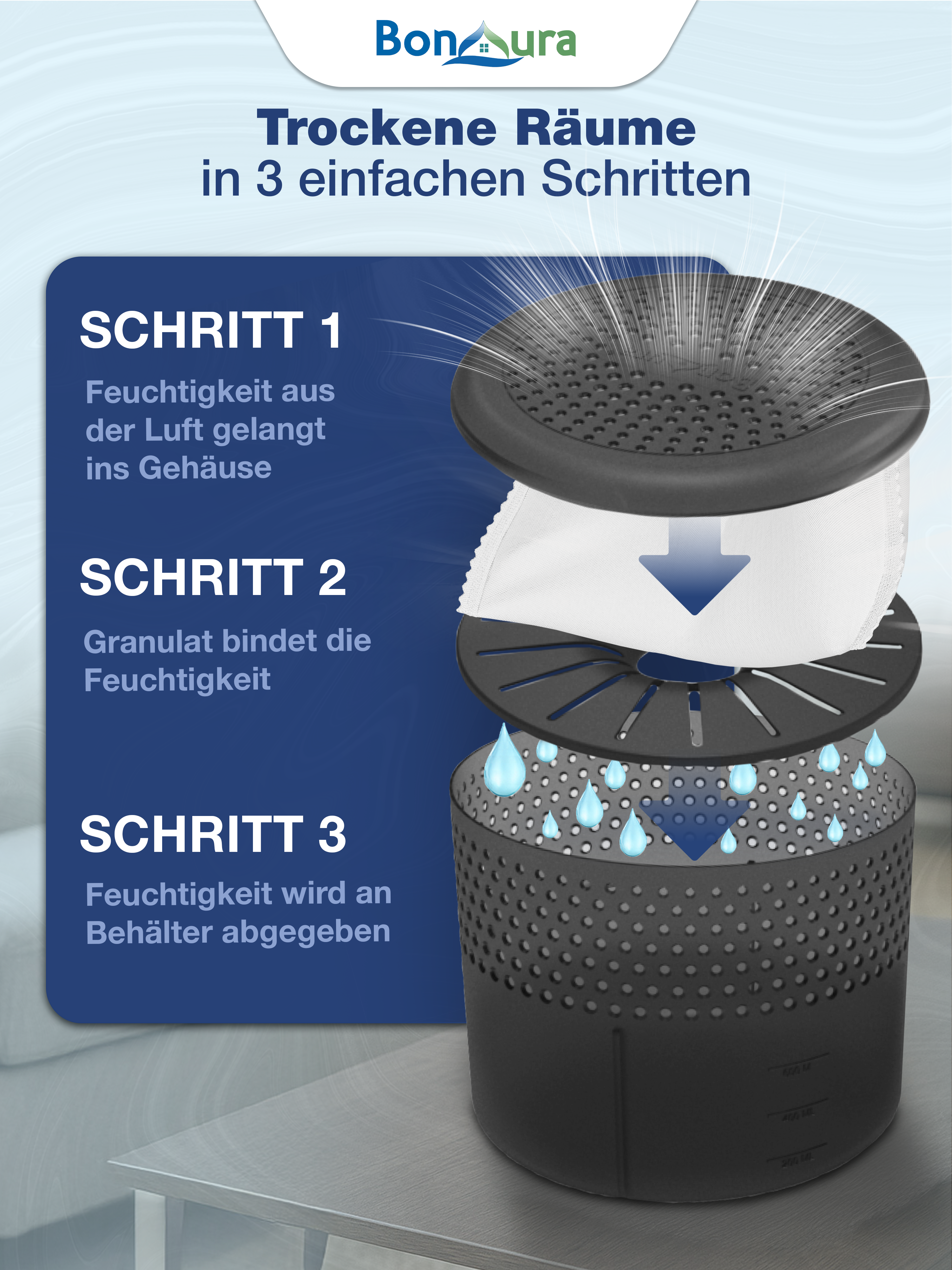 AirOne Select Bundle aus Luftentfeuchter ohne Strom und Granulat 400g (rund)