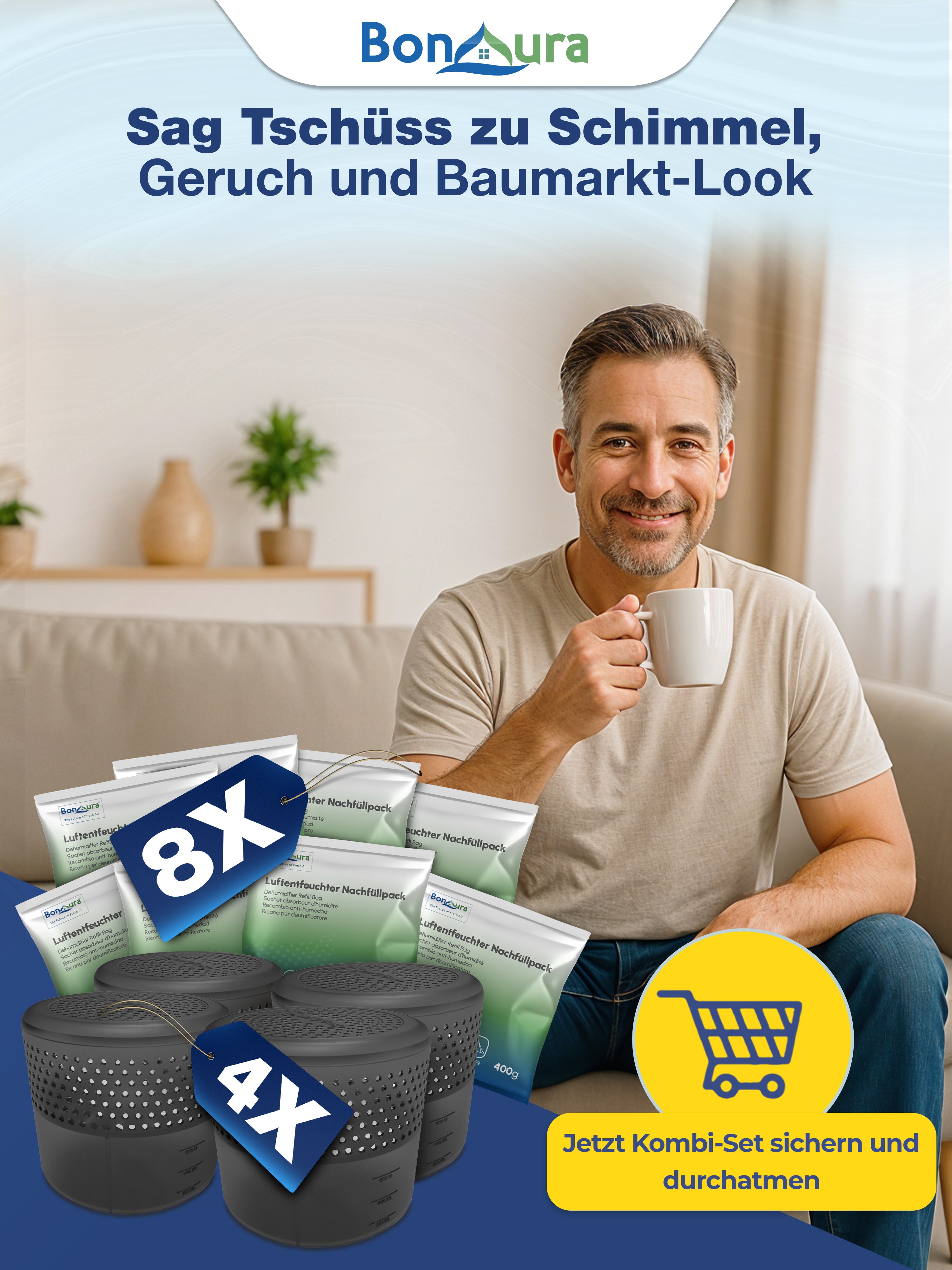AirOne Select Bundle aus Luftentfeuchter ohne Strom und Granulat 400g (rund)