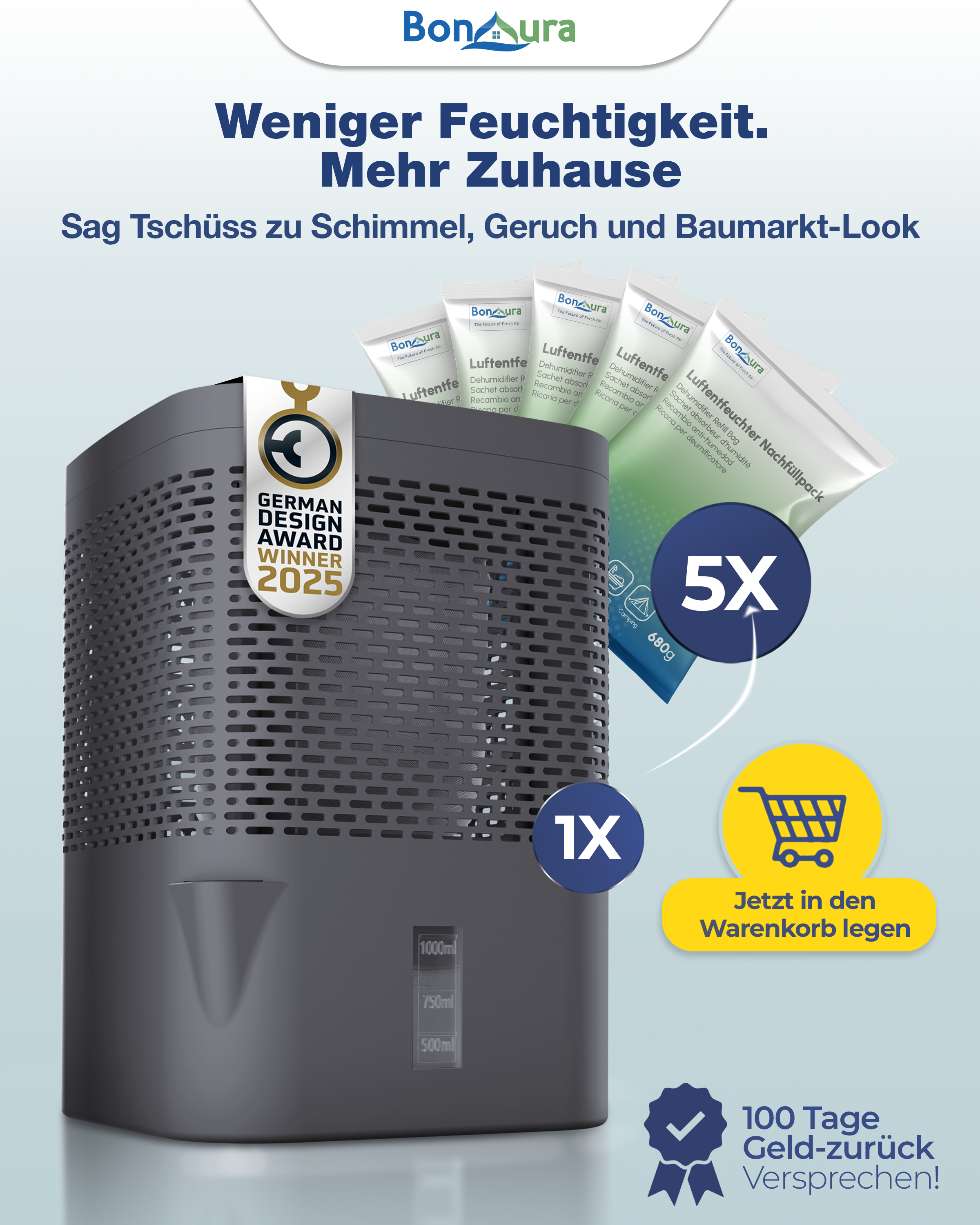 Le kit AirOne comprend un déshumidificateur non électrique et 5 sachets de 680 g de granulés.