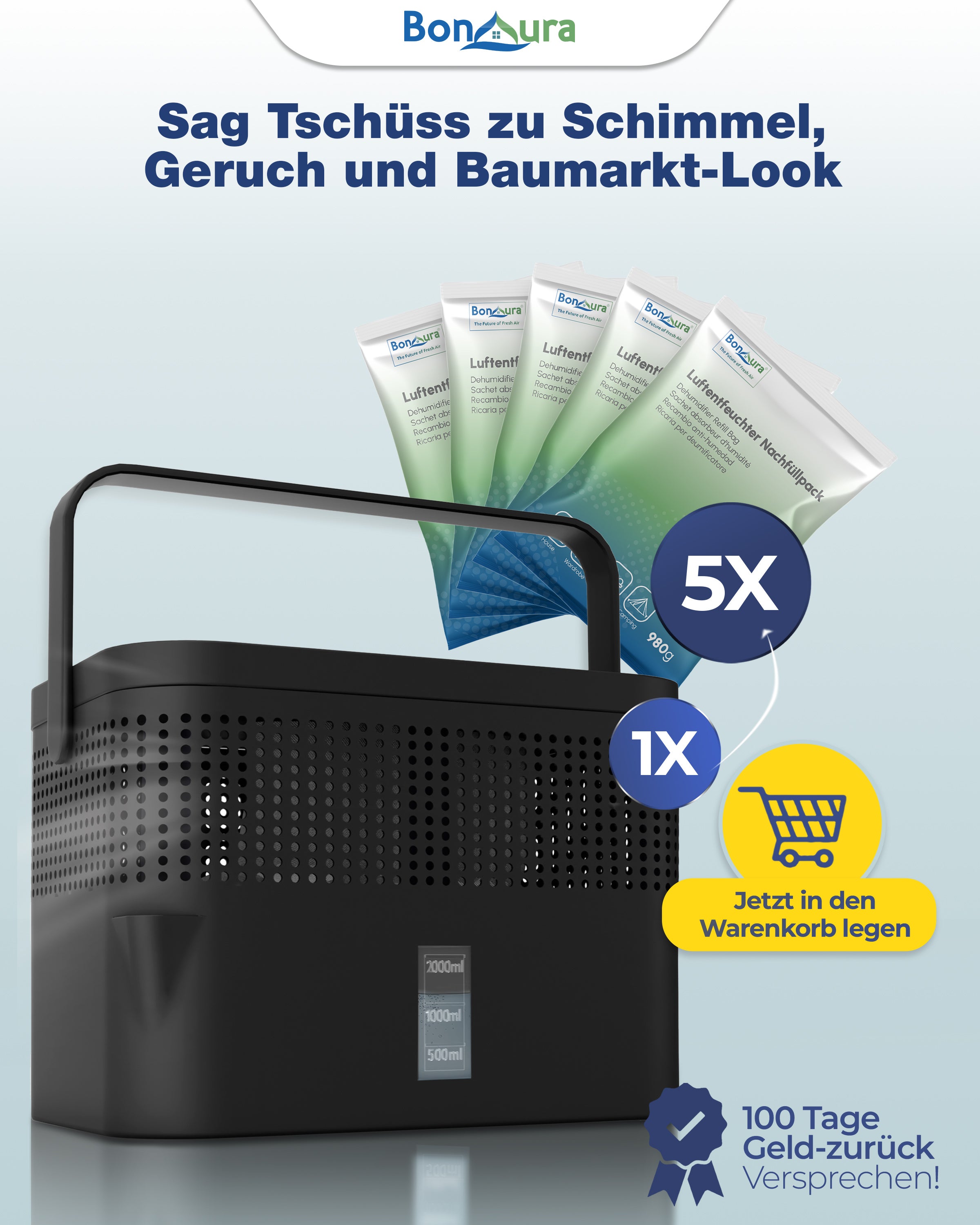 AirOne Max Bundle aus Luftentfeuchter ohne Strom und 5 x Granulat 980g