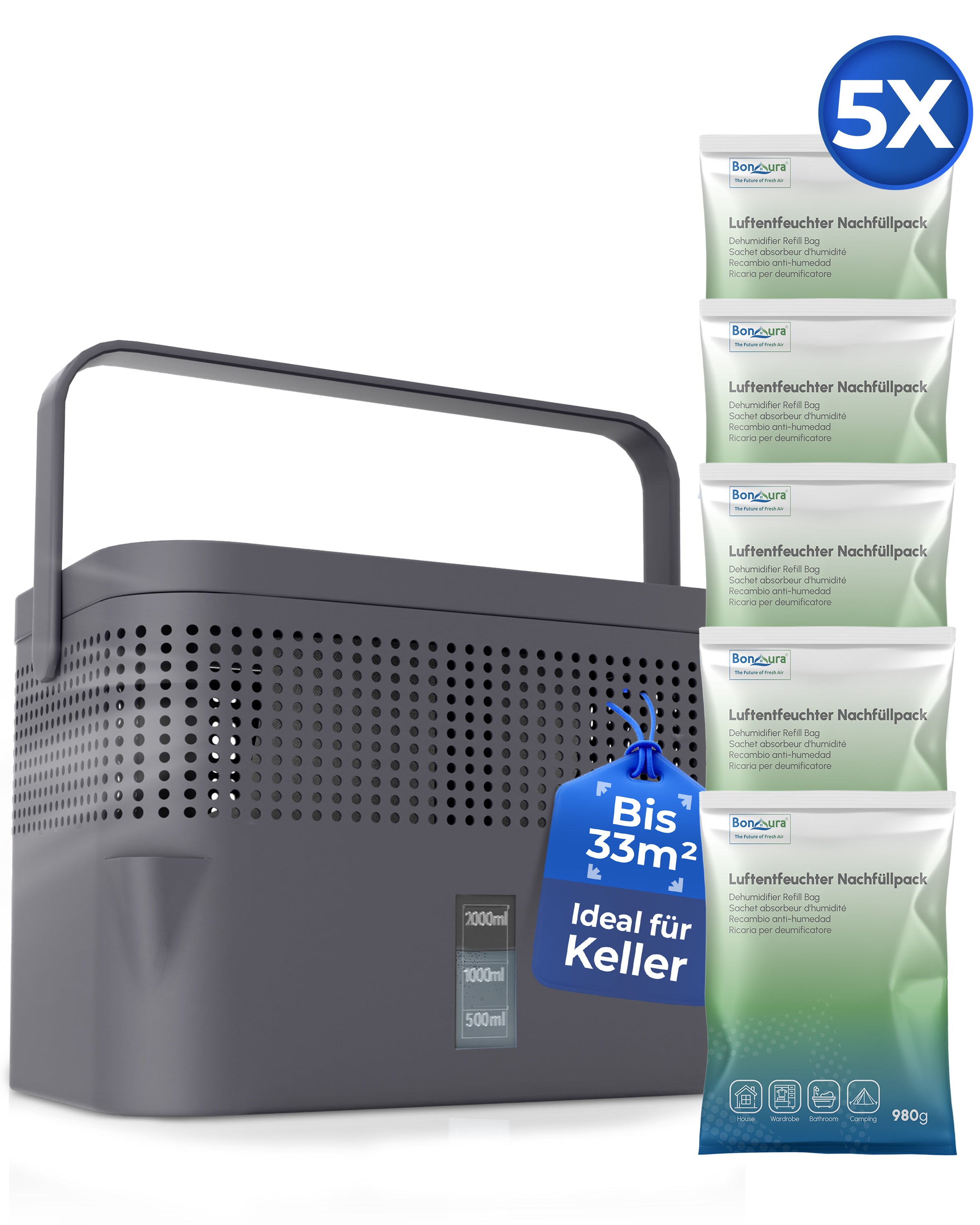 AirOne Max Bundle aus Luftentfeuchter ohne Strom und 5 x Granulat 980g