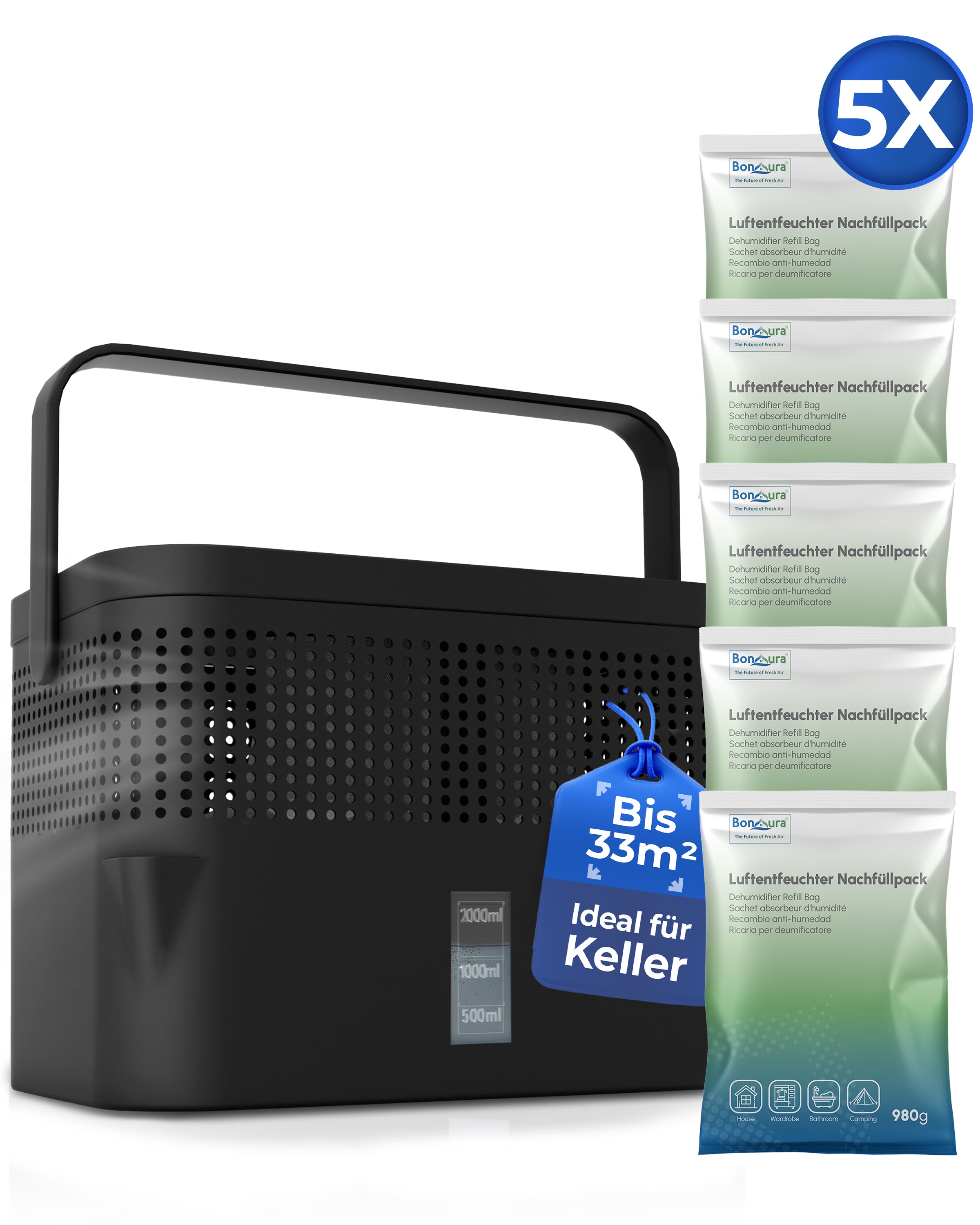AirOne Max Bundle aus Luftentfeuchter ohne Strom und 5 x Granulat 980g