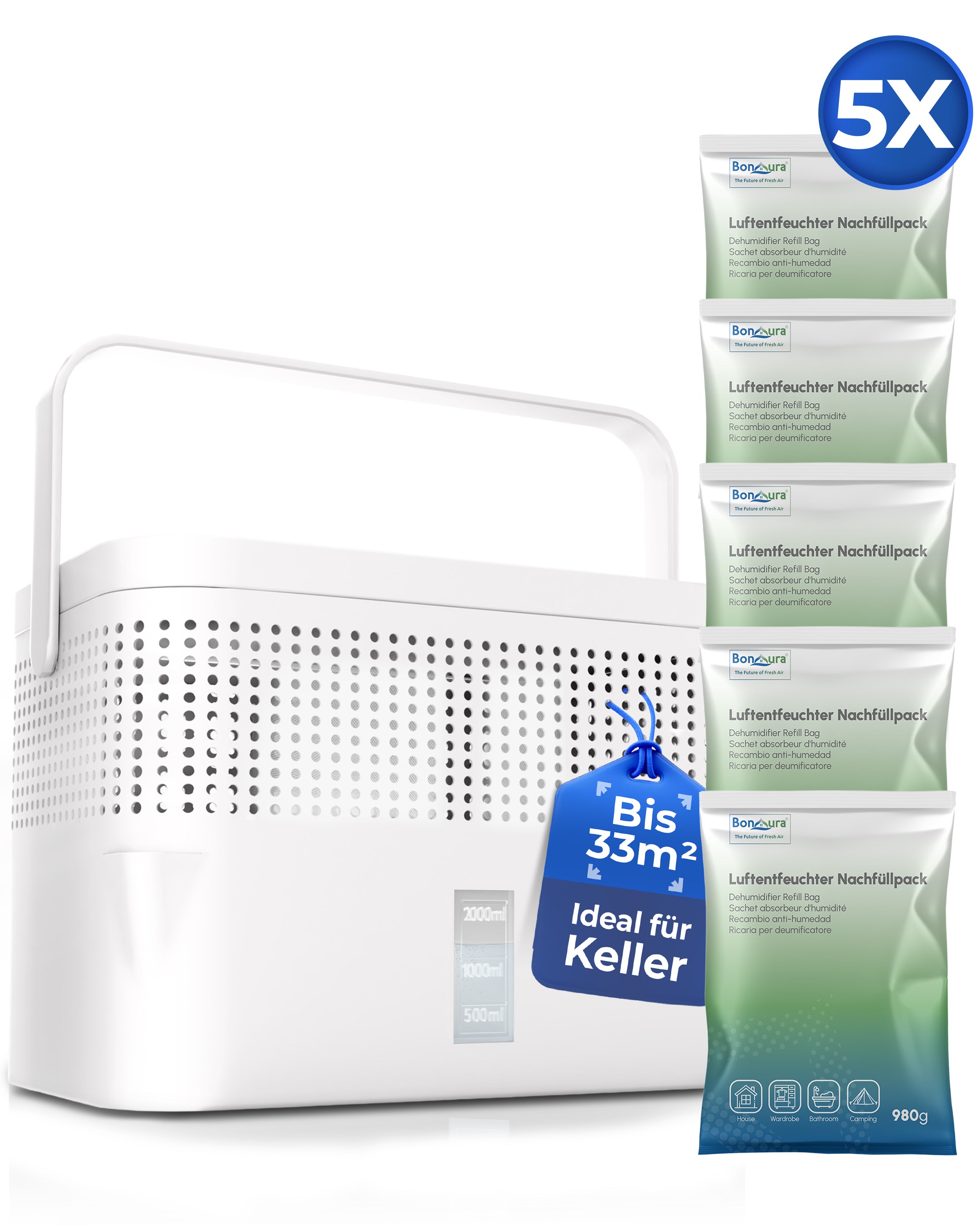 AirOne Max Bundle aus Luftentfeuchter ohne Strom und 5 x Granulat 980g