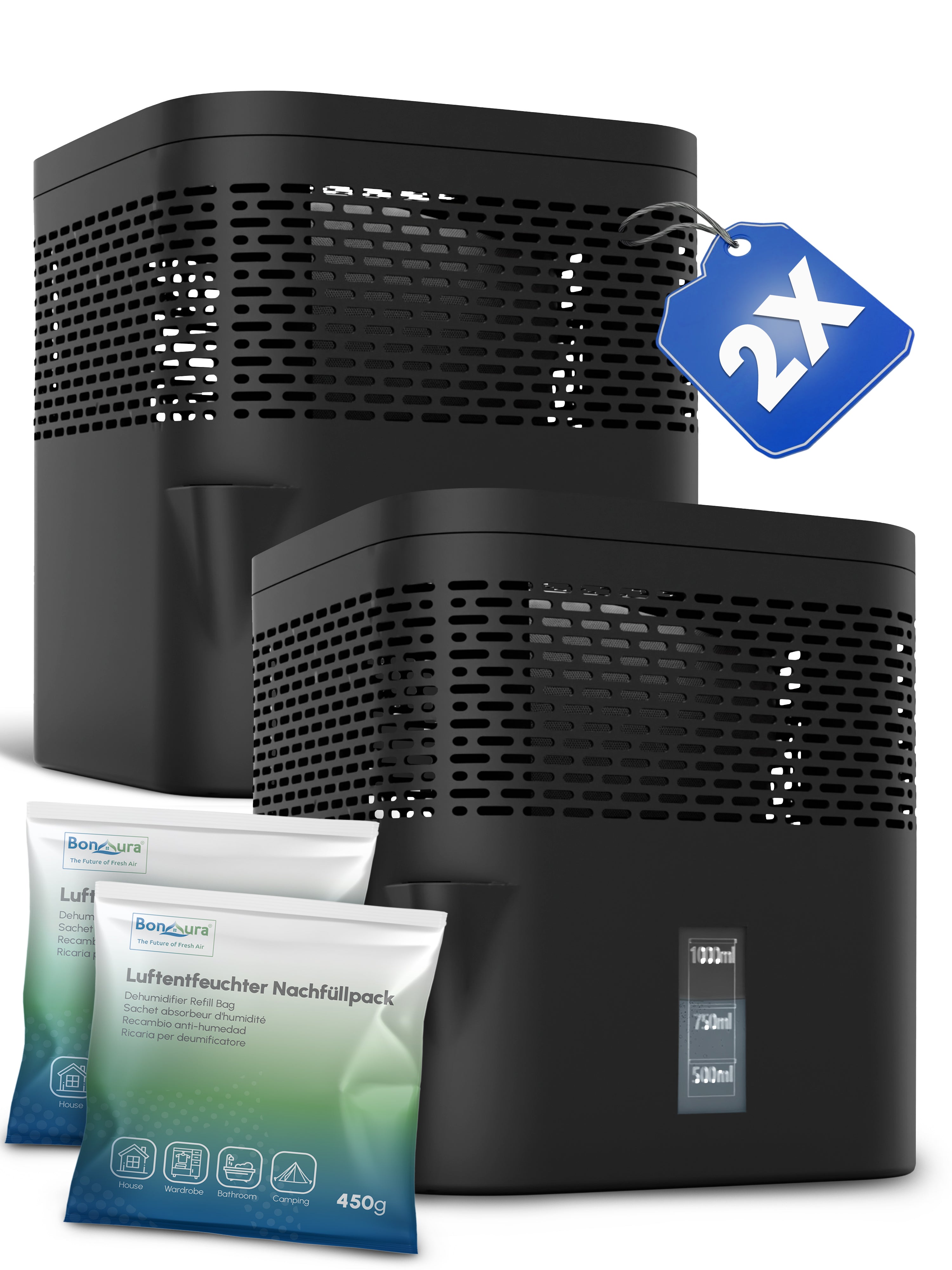 Set of 2 AirOne Lite granulate dehumidifiers with 2x 450g dehumidifier granules