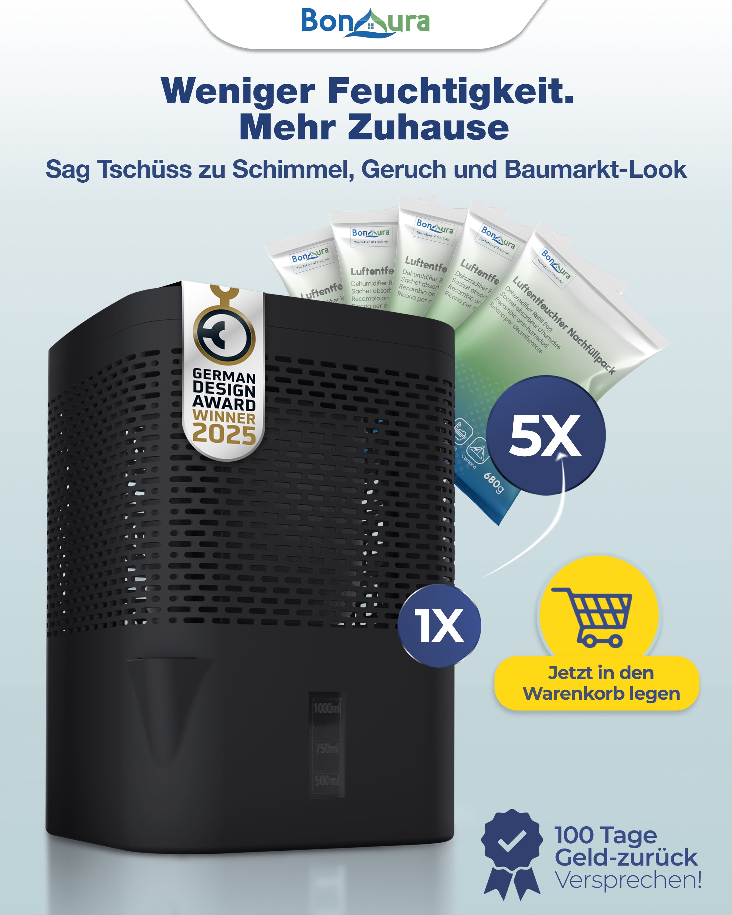 Le kit AirOne comprend un déshumidificateur non électrique et 5 sachets de 680 g de granulés.