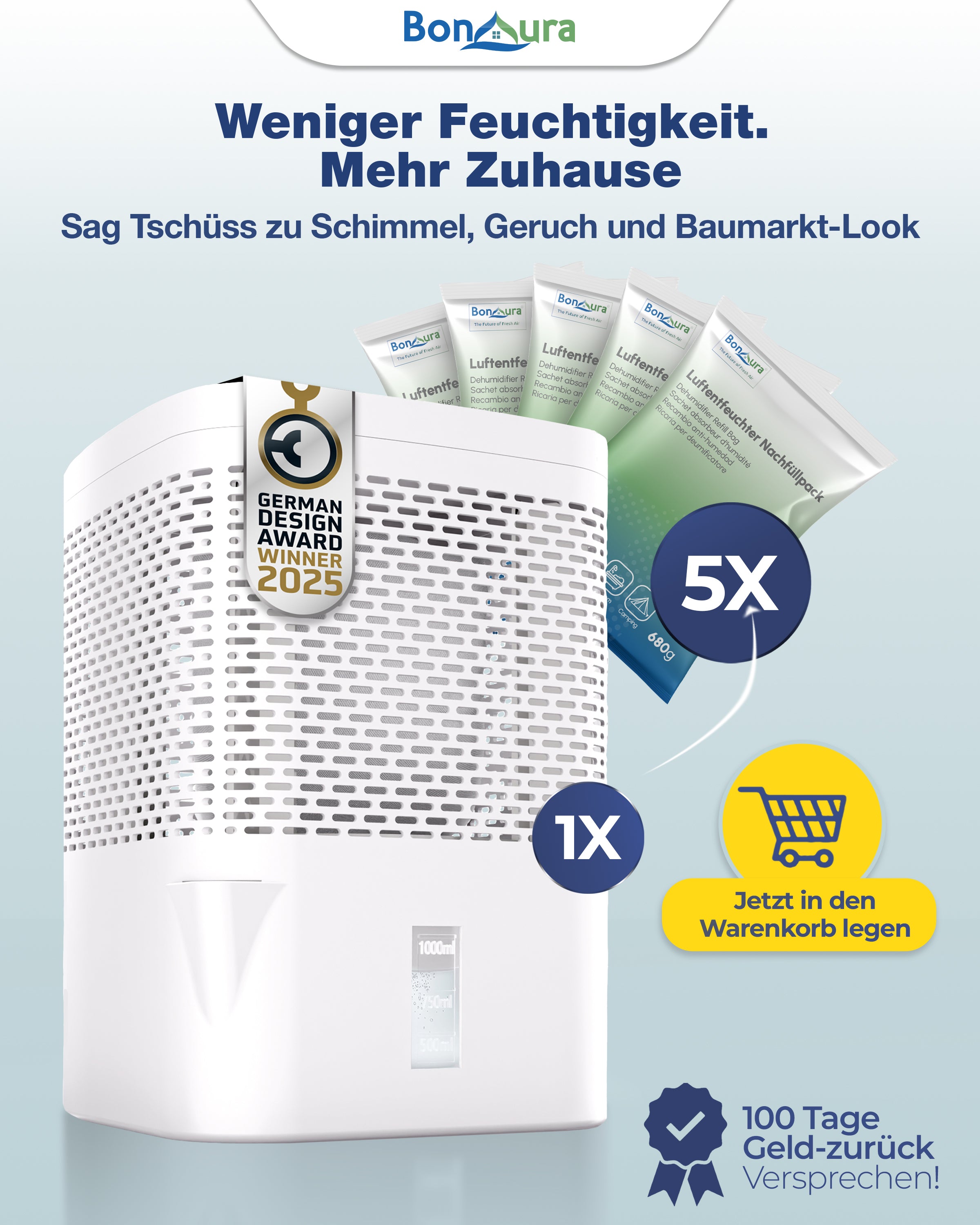 Le kit AirOne comprend un déshumidificateur non électrique et 5 sachets de 680 g de granulés.