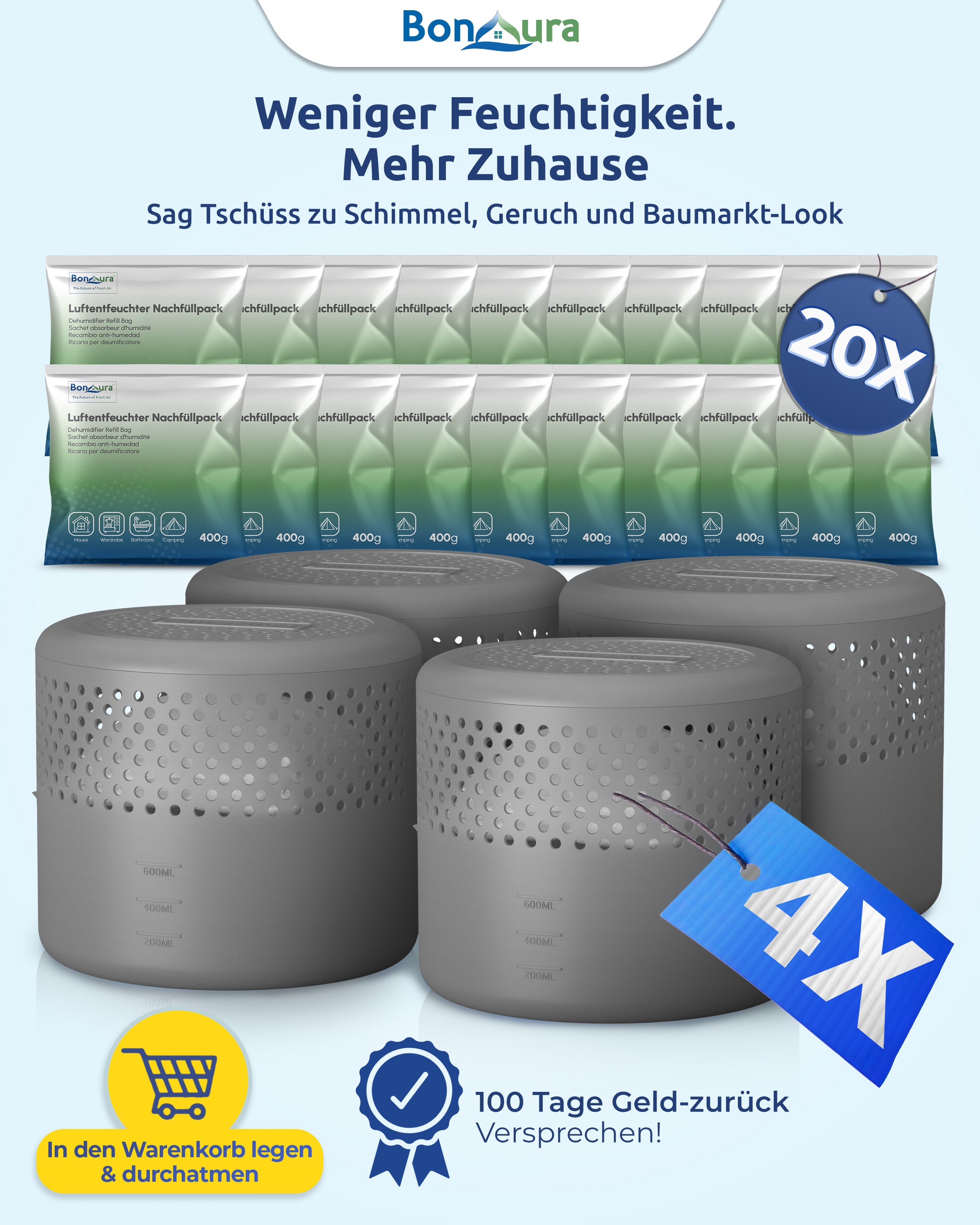 AirOne Select Bundle aus Luftentfeuchter ohne Strom und Granulat 400g (rund)