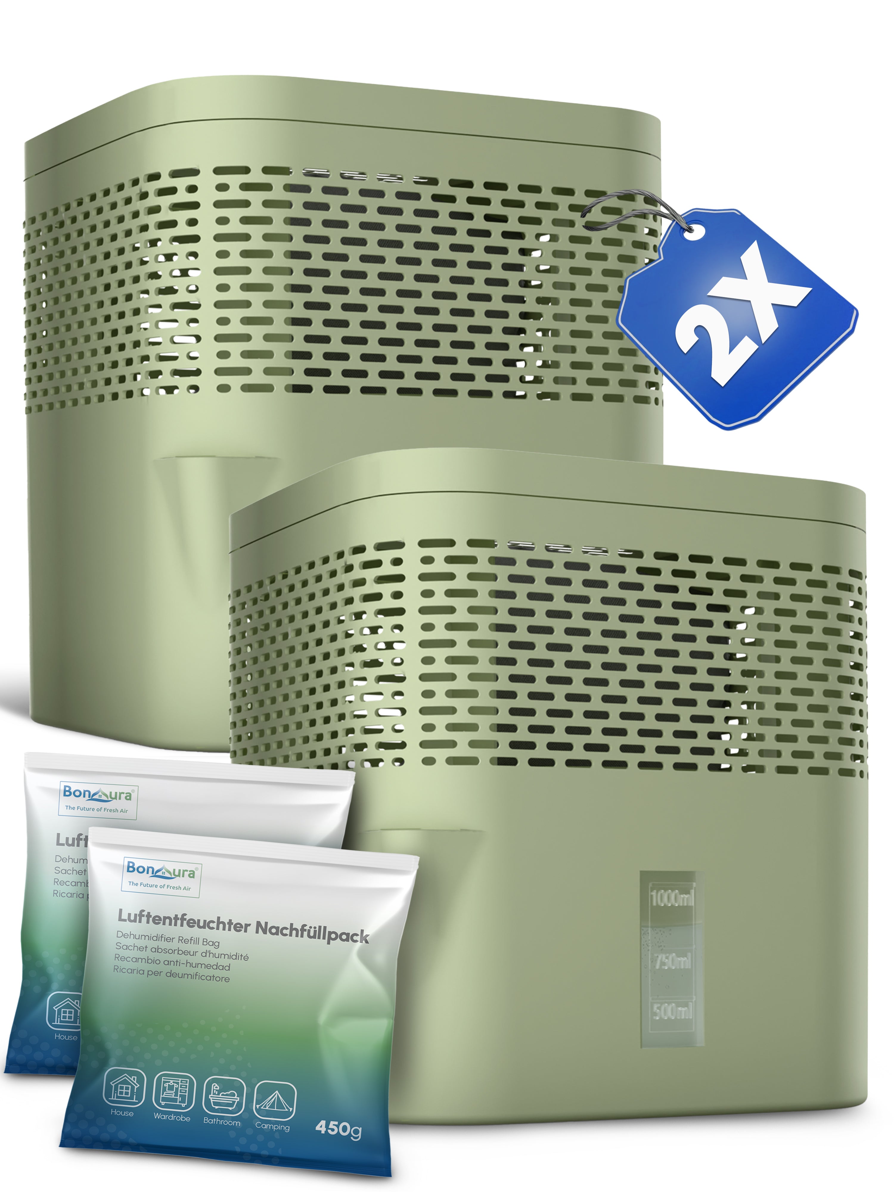 Set of 2 AirOne Lite granulate dehumidifiers with 2x 450g dehumidifier granules