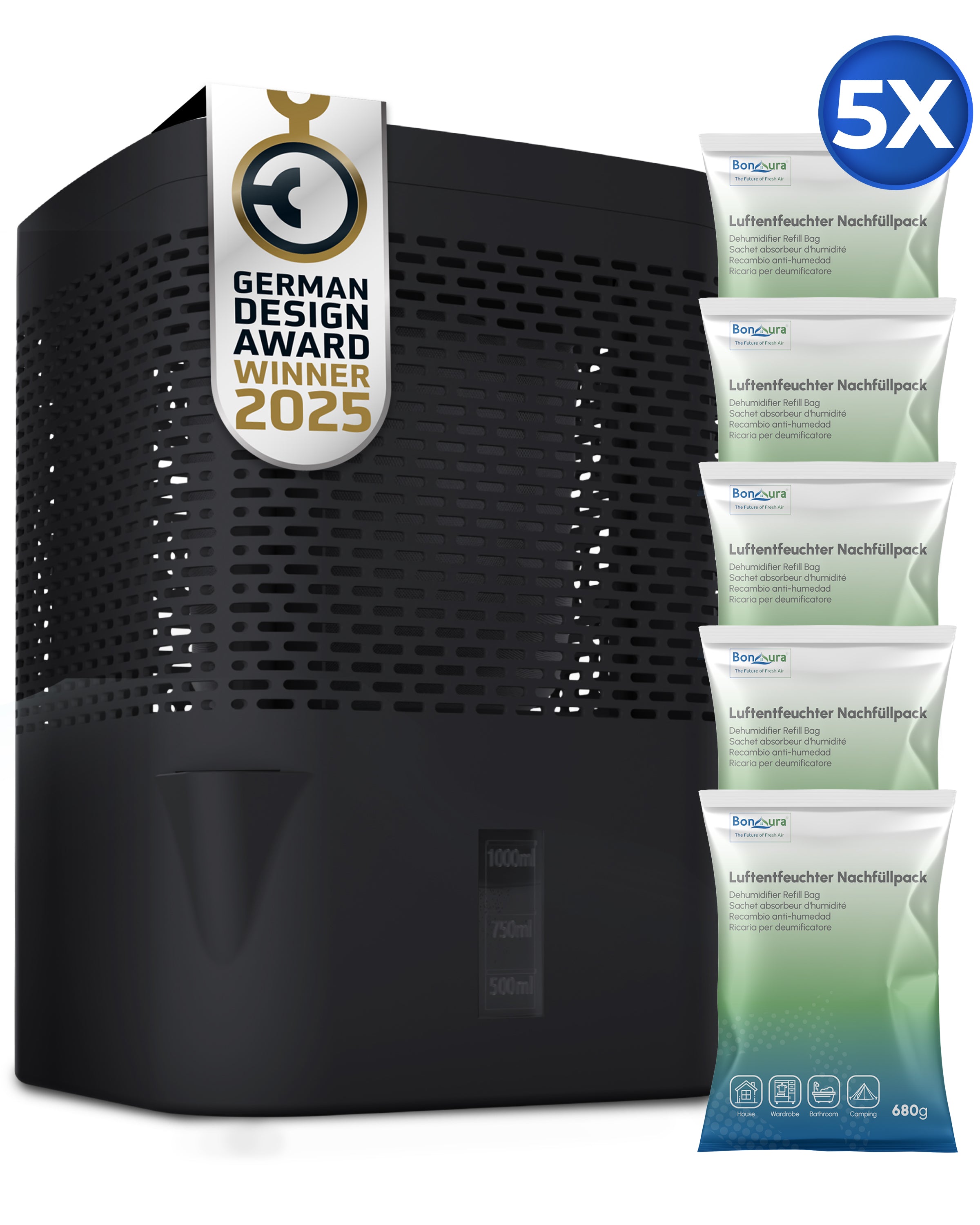 AirOne Bundle aus Luftentfeuchter ohne Strom und 5 x Granulat 680g