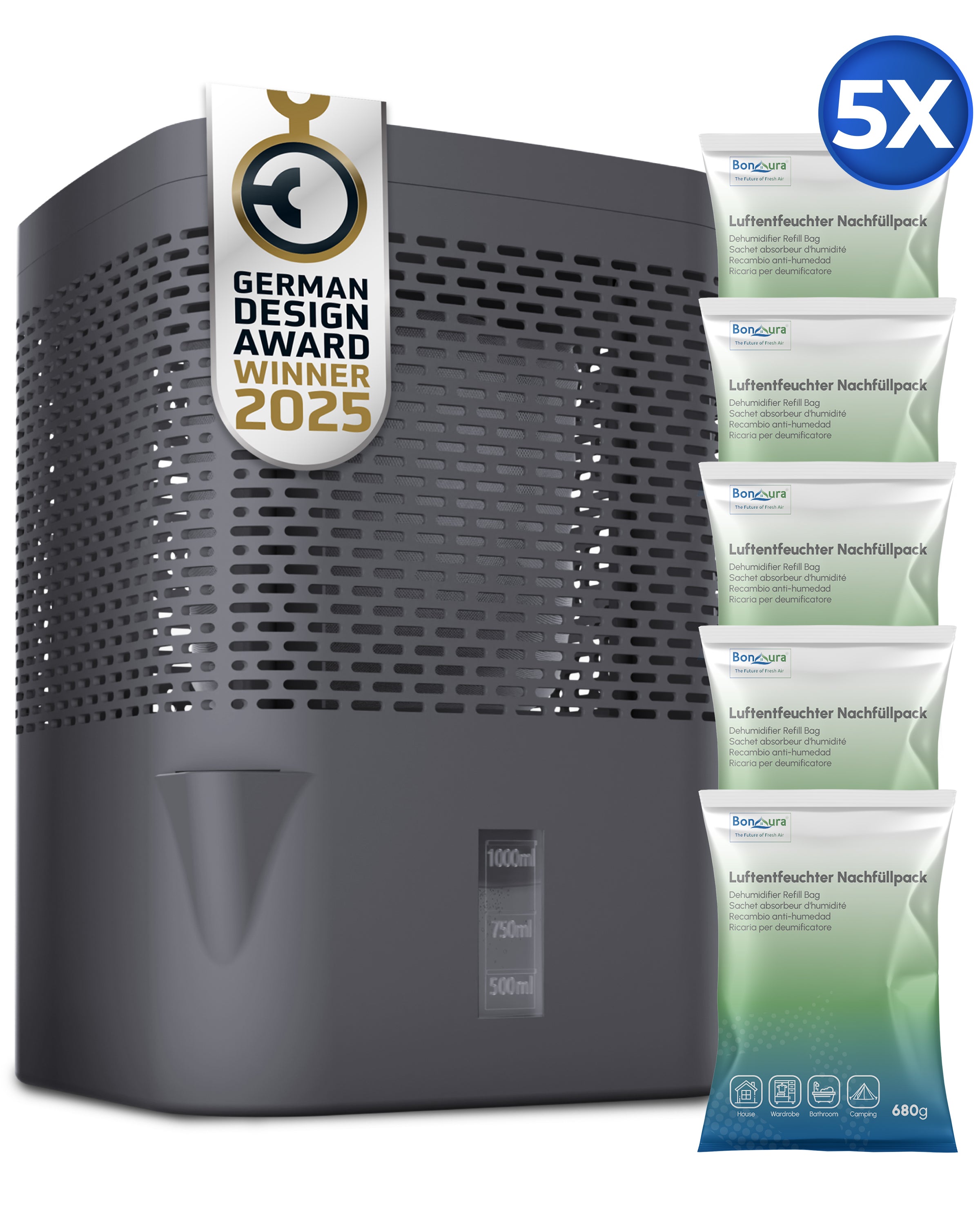 AirOne Bundle aus Luftentfeuchter ohne Strom und 5 x Granulat 680g