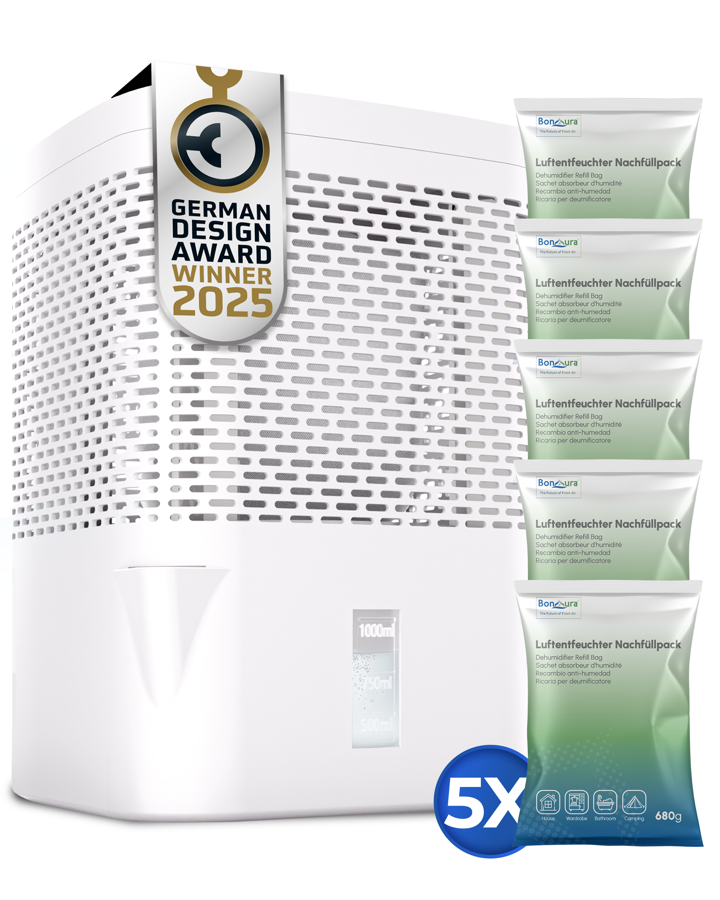 AirOne Bundle aus Luftentfeuchter ohne Strom und 5 x Granulat 680g