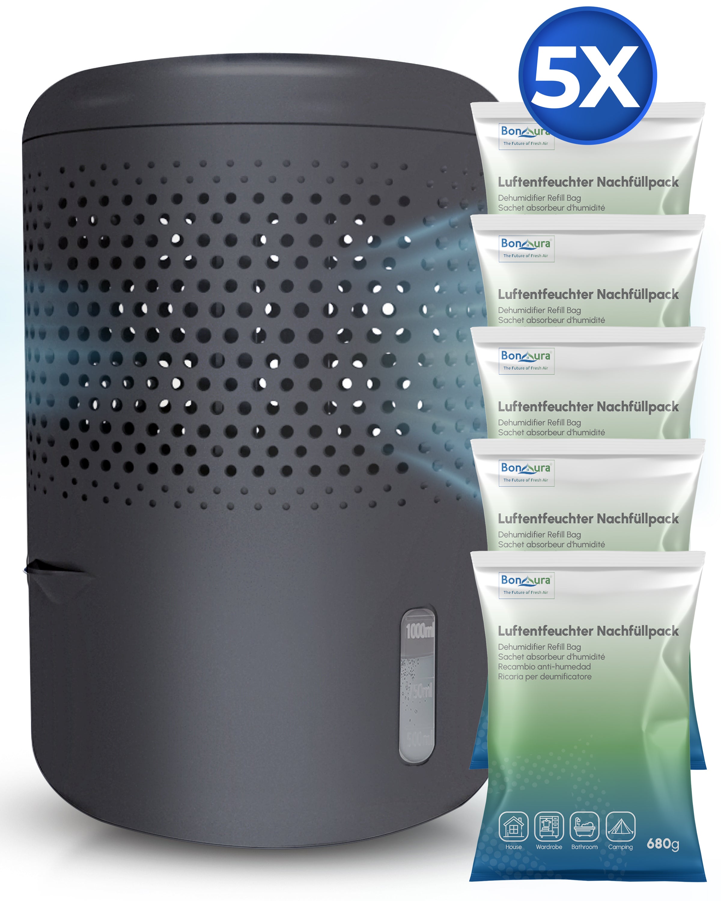 AirOne Neo Bundle aus Luftentfeuchter ohne Strom und 5 x Granulat 680g