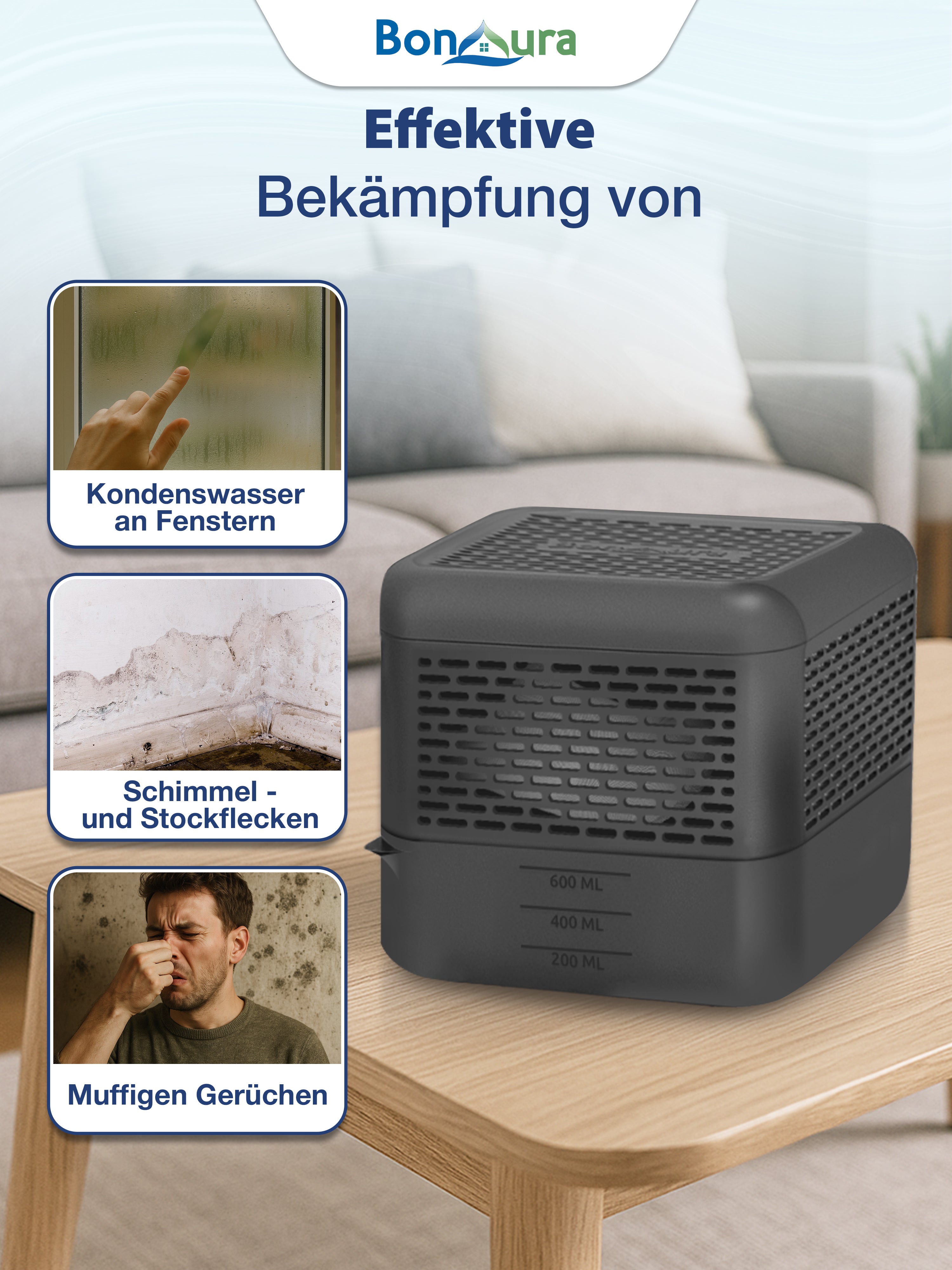 AirOne Select Bundle aus Luftentfeuchter ohne Strom und Granulat 400g (eckig)