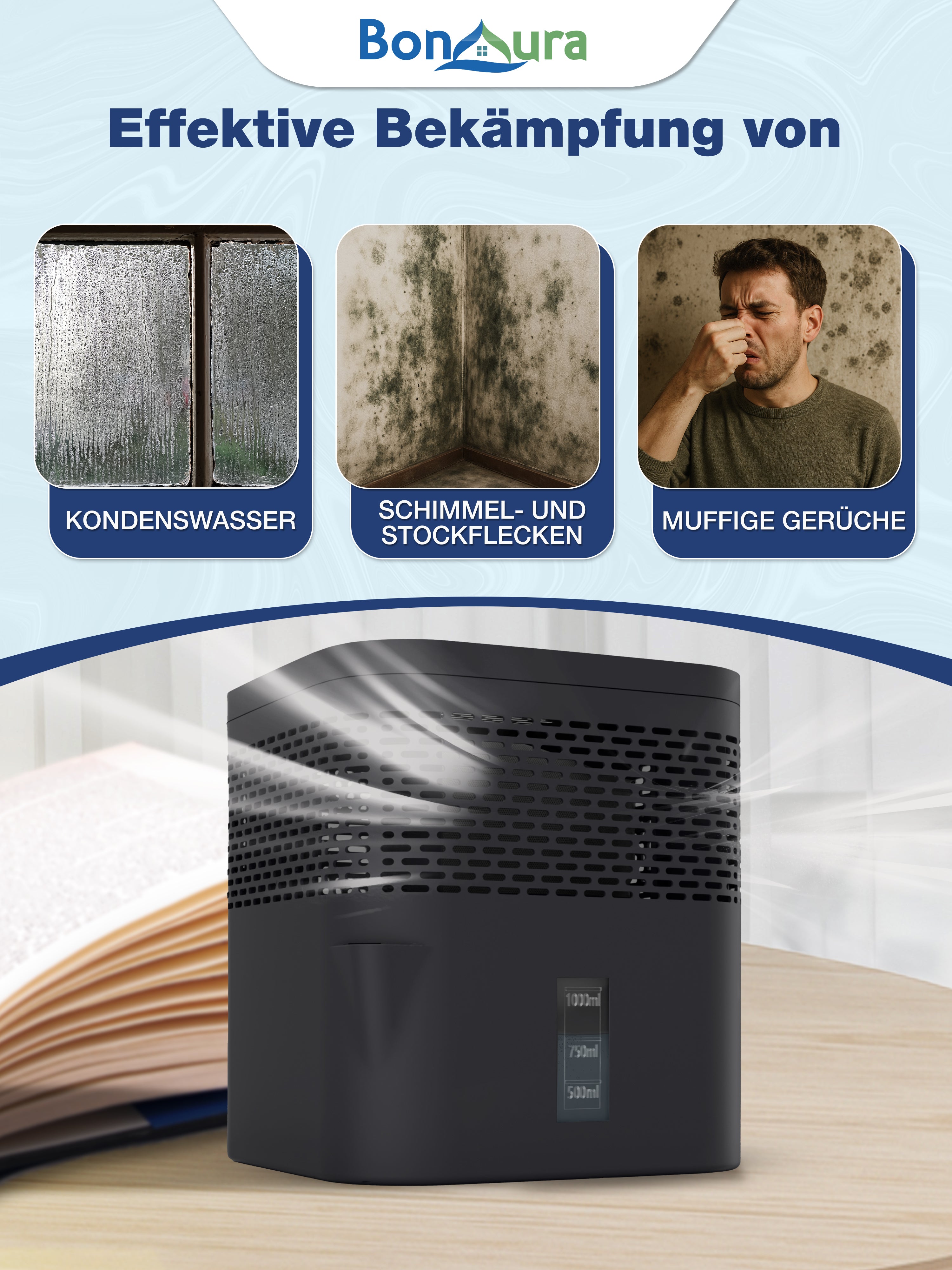 Le pack AirOne Lite comprend un déshumidificateur non électrique et 5 sachets de 450 g de granulés.