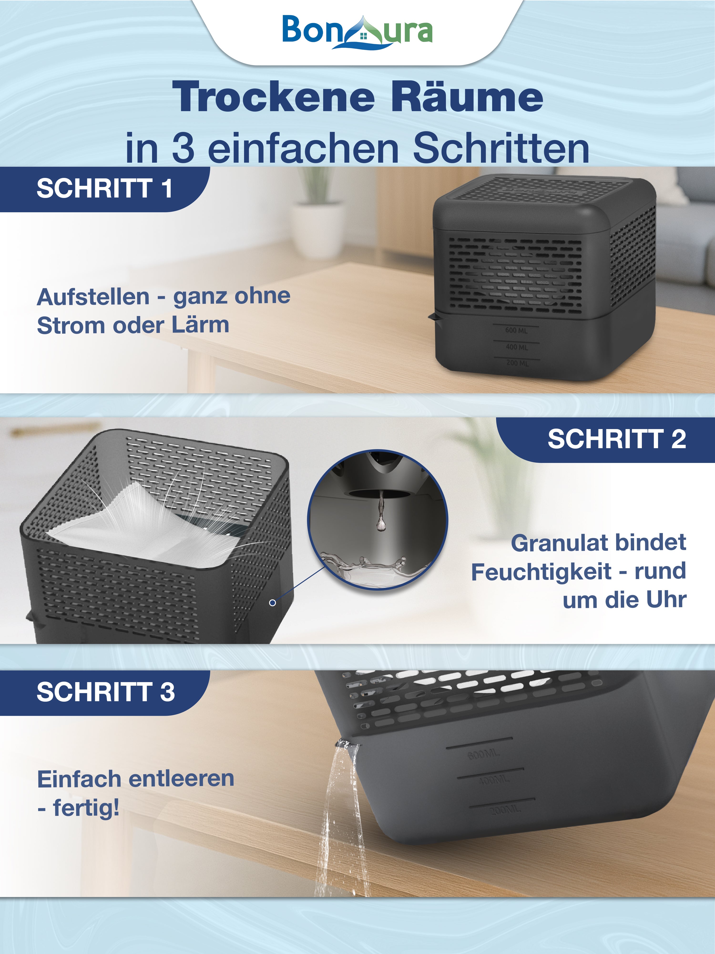 AirOne Select Bundle aus Luftentfeuchter ohne Strom und Granulat 400g (eckig)