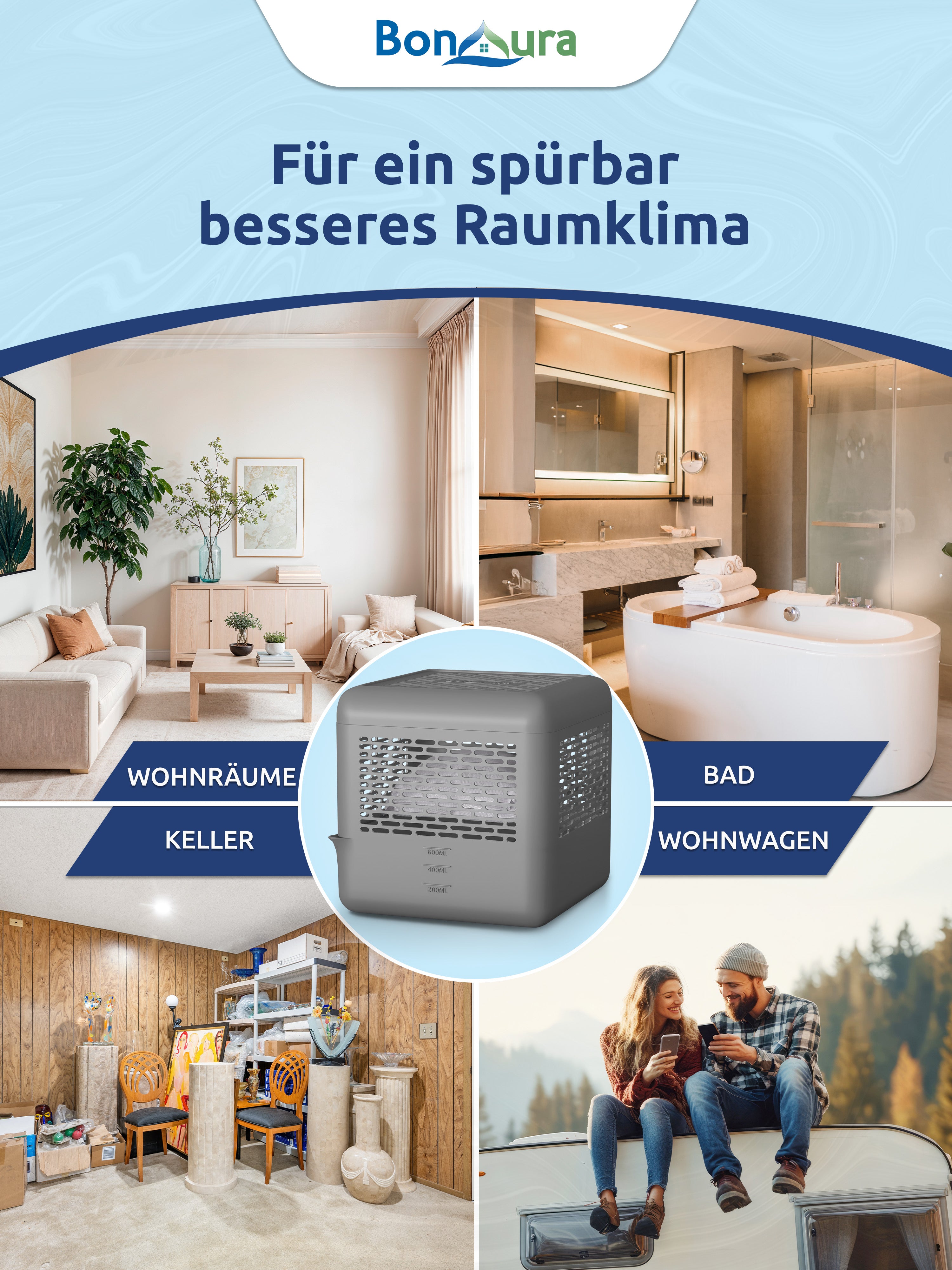 AirOne Select Bundle aus Luftentfeuchter ohne Strom und Granulat 400g (eckig)