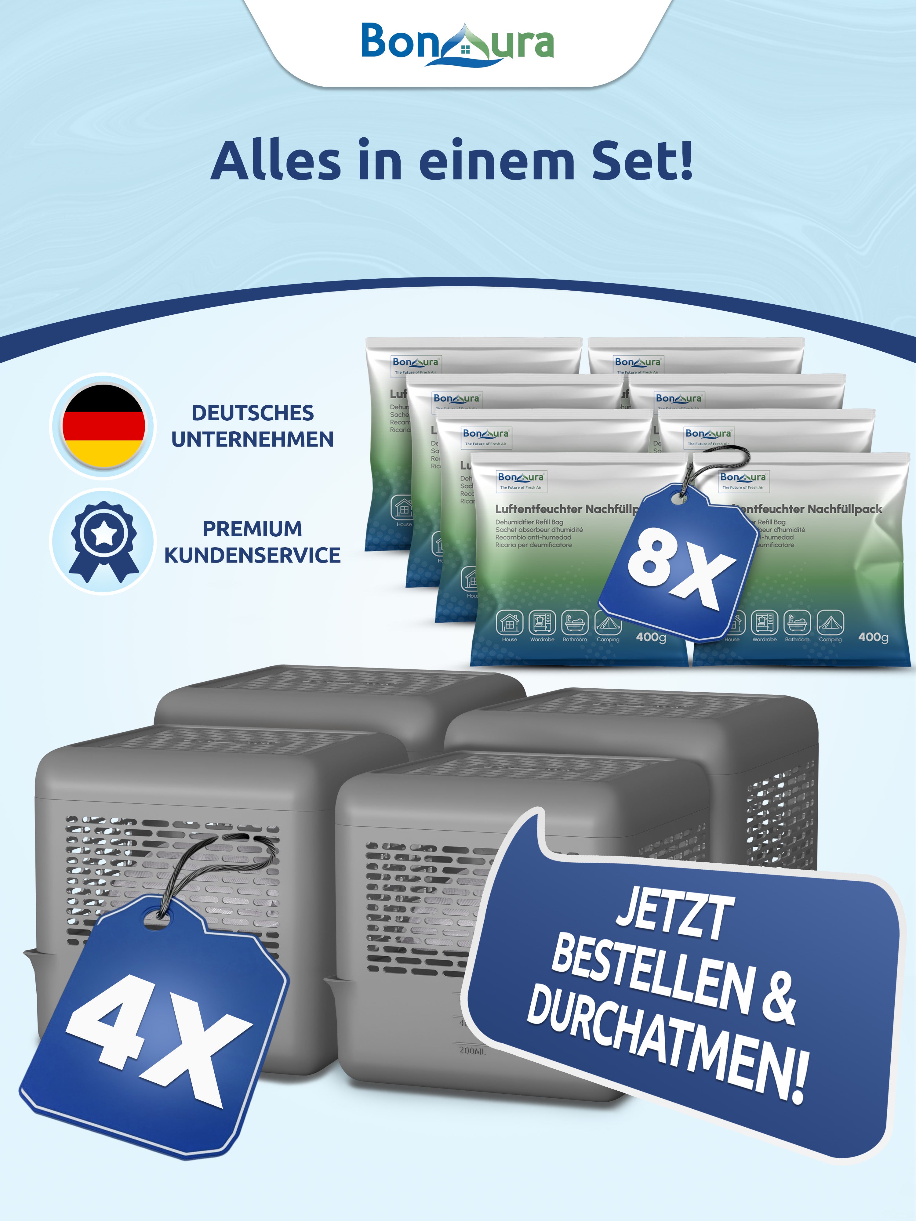 AirOne Select Bundle aus Luftentfeuchter ohne Strom und Granulat 400g (eckig)