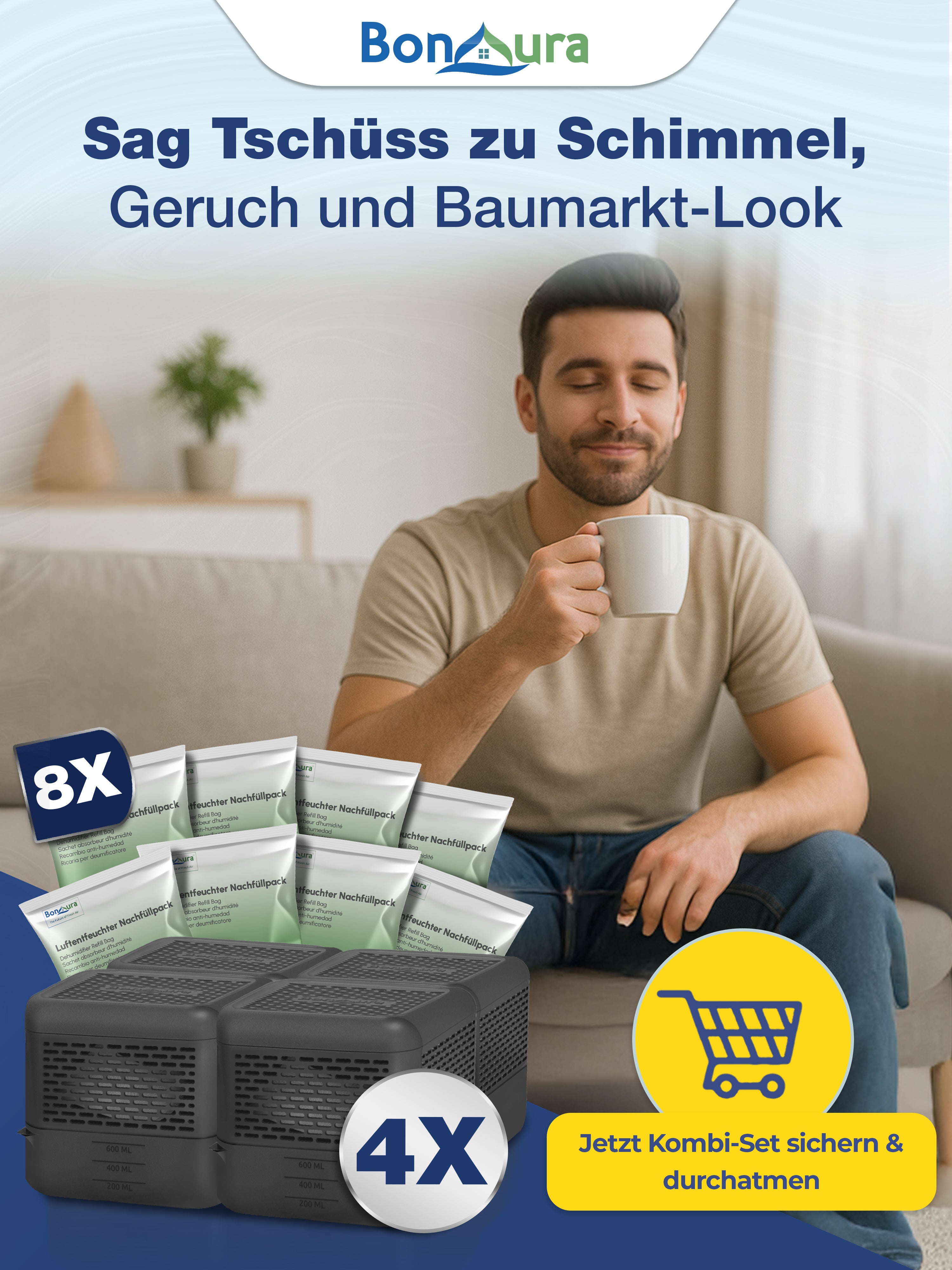 AirOne Select Bundle aus Luftentfeuchter ohne Strom und Granulat 400g (eckig)