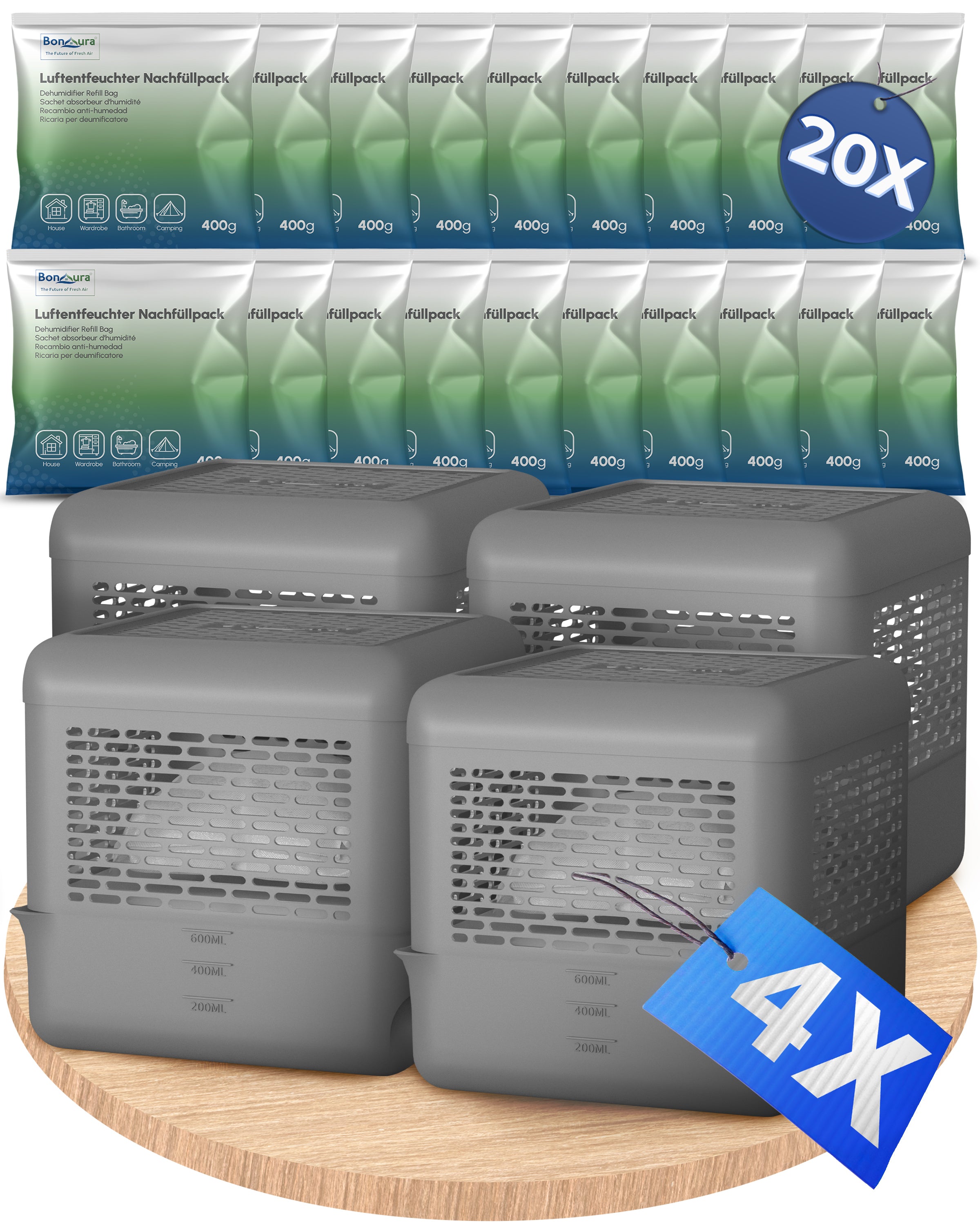 AirOne Select Bundle aus Luftentfeuchter ohne Strom und Granulat 400g (eckig)