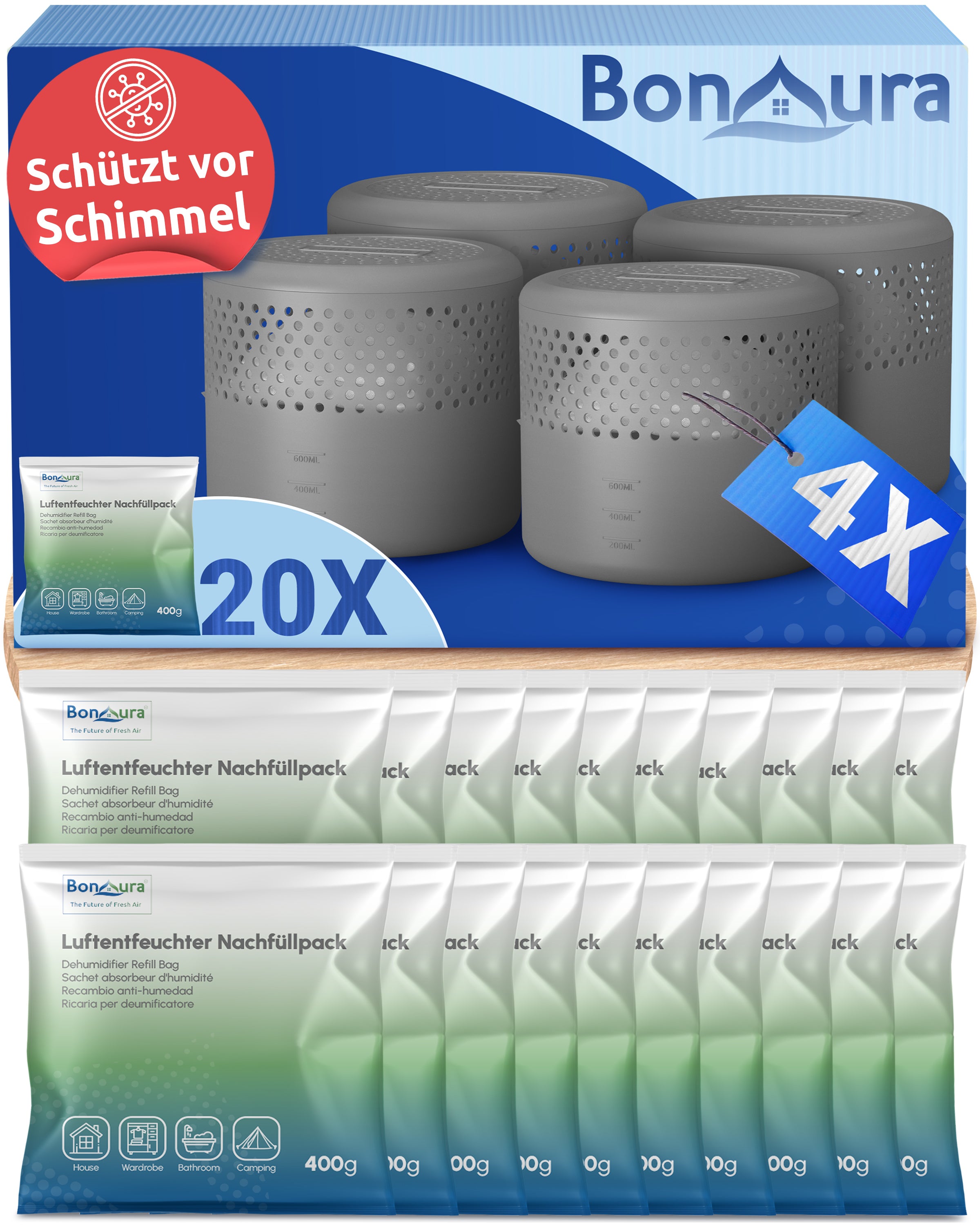 AirOne Select Bundle aus Luftentfeuchter ohne Strom und Granulat 400g (rund)