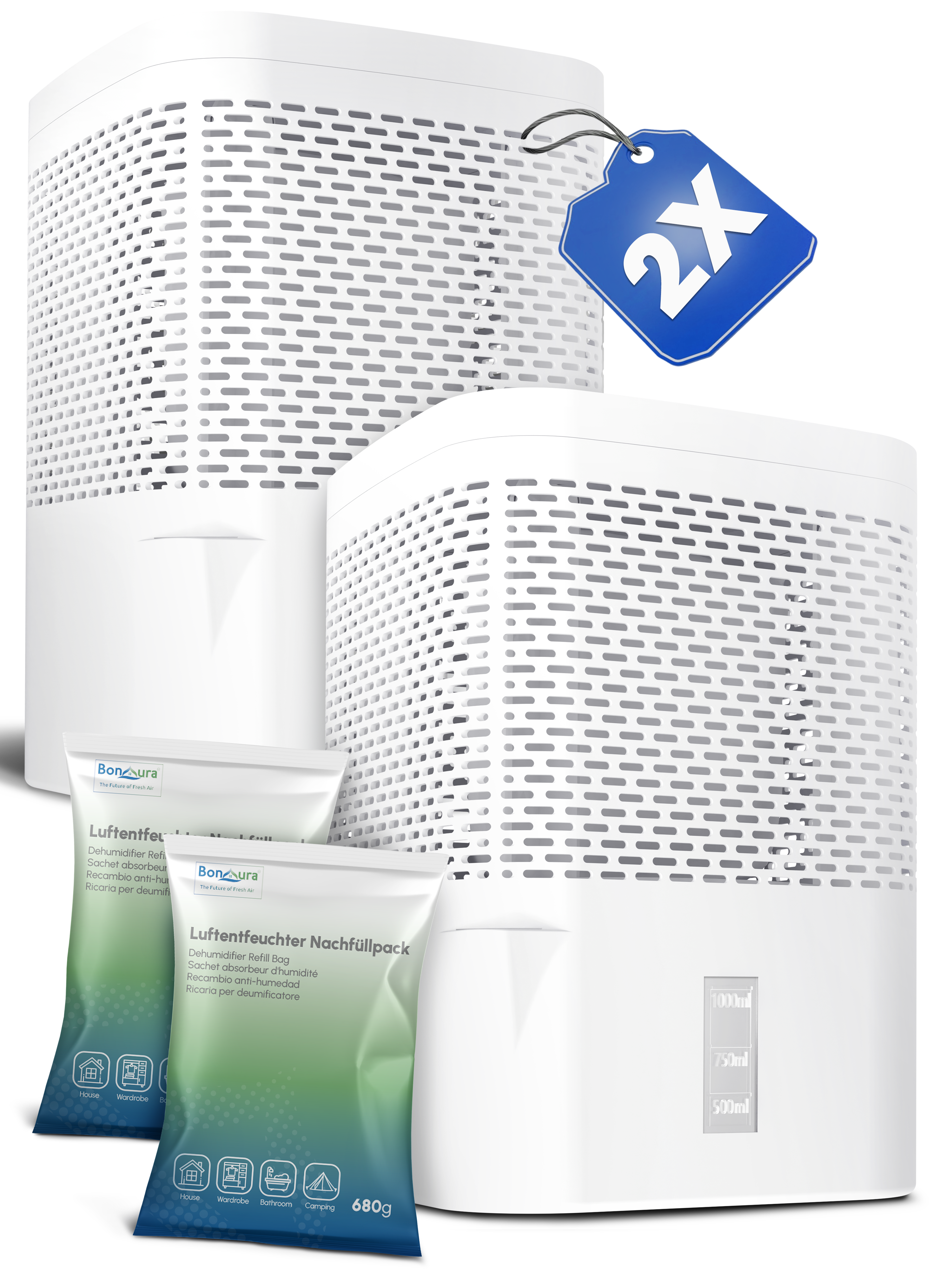 Set of 2 AirOne granulate dehumidifiers with 2x 680g dehumidifier granules