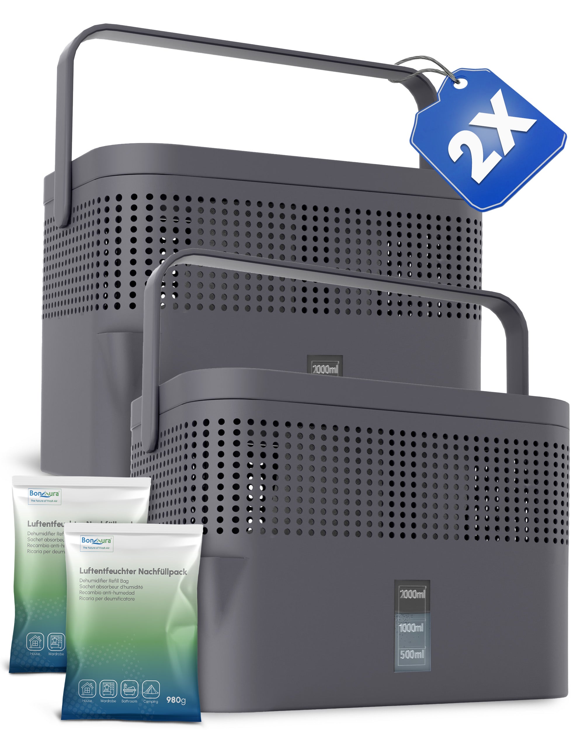 Set of 2 AirOne Max Granulate Dehumidifiers with 2x 980g Dehumidifier Granules