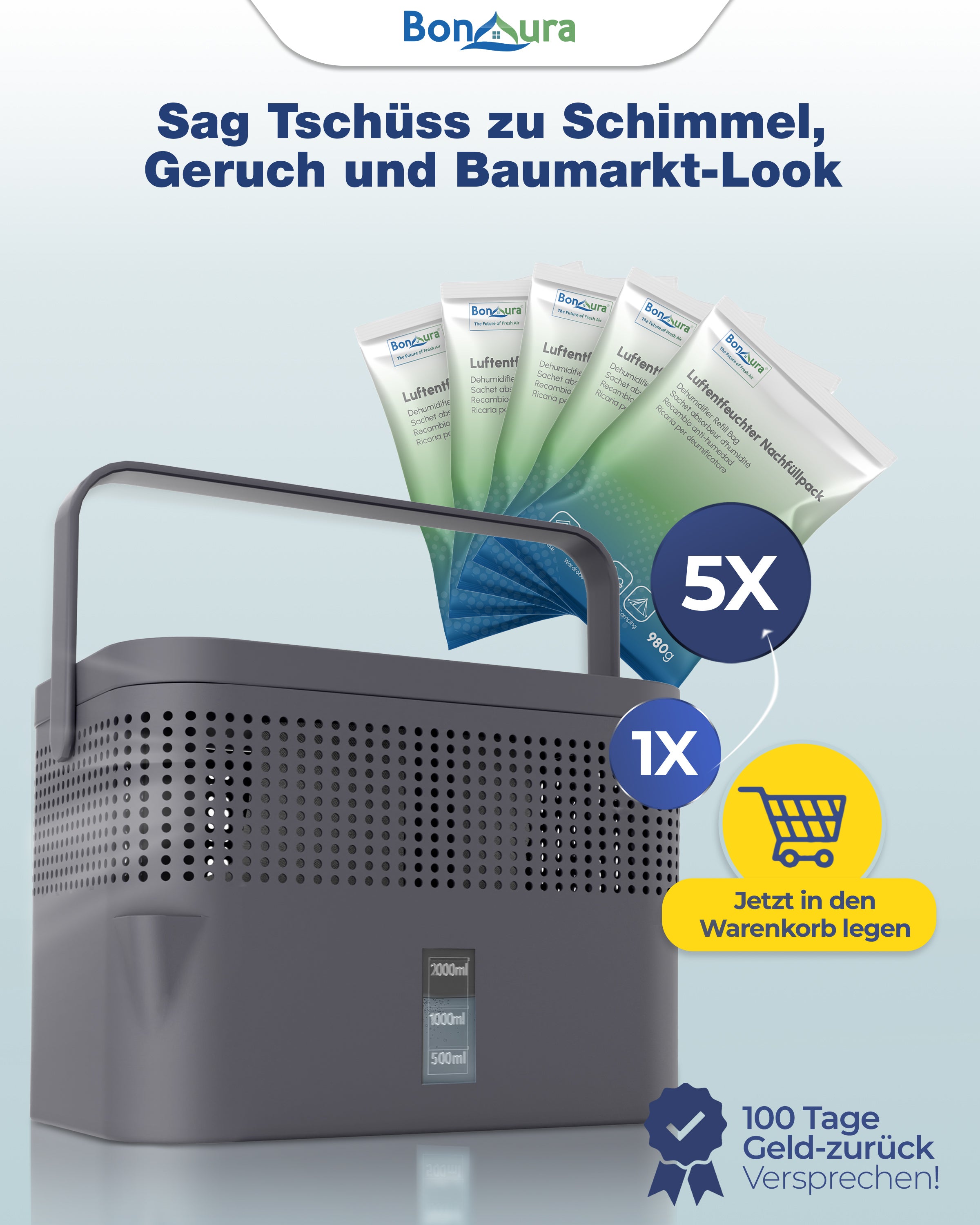 AirOne Max Bundle aus Luftentfeuchter ohne Strom und 5 x Granulat 980g