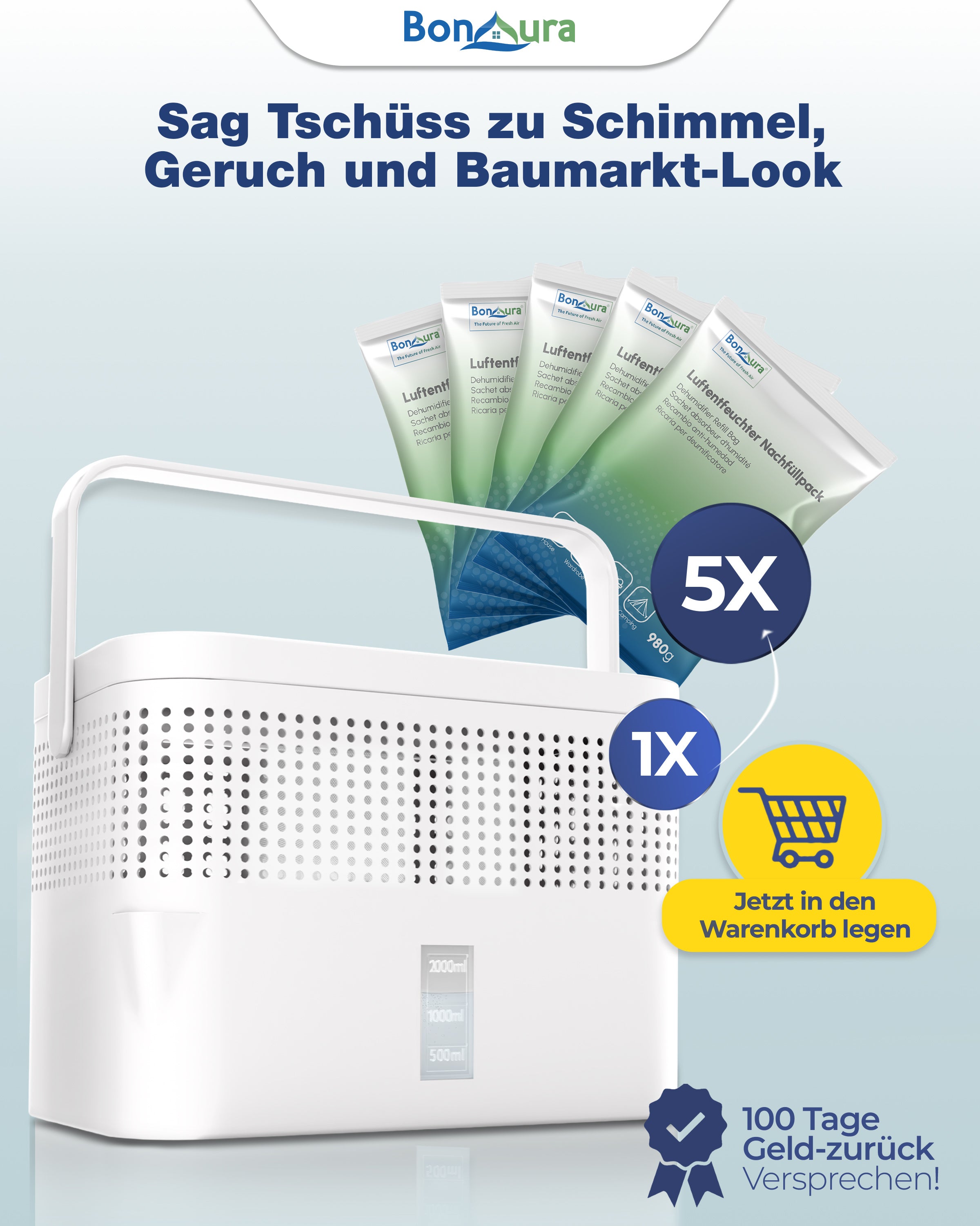 AirOne Max Bundle aus Luftentfeuchter ohne Strom und 5 x Granulat 980g