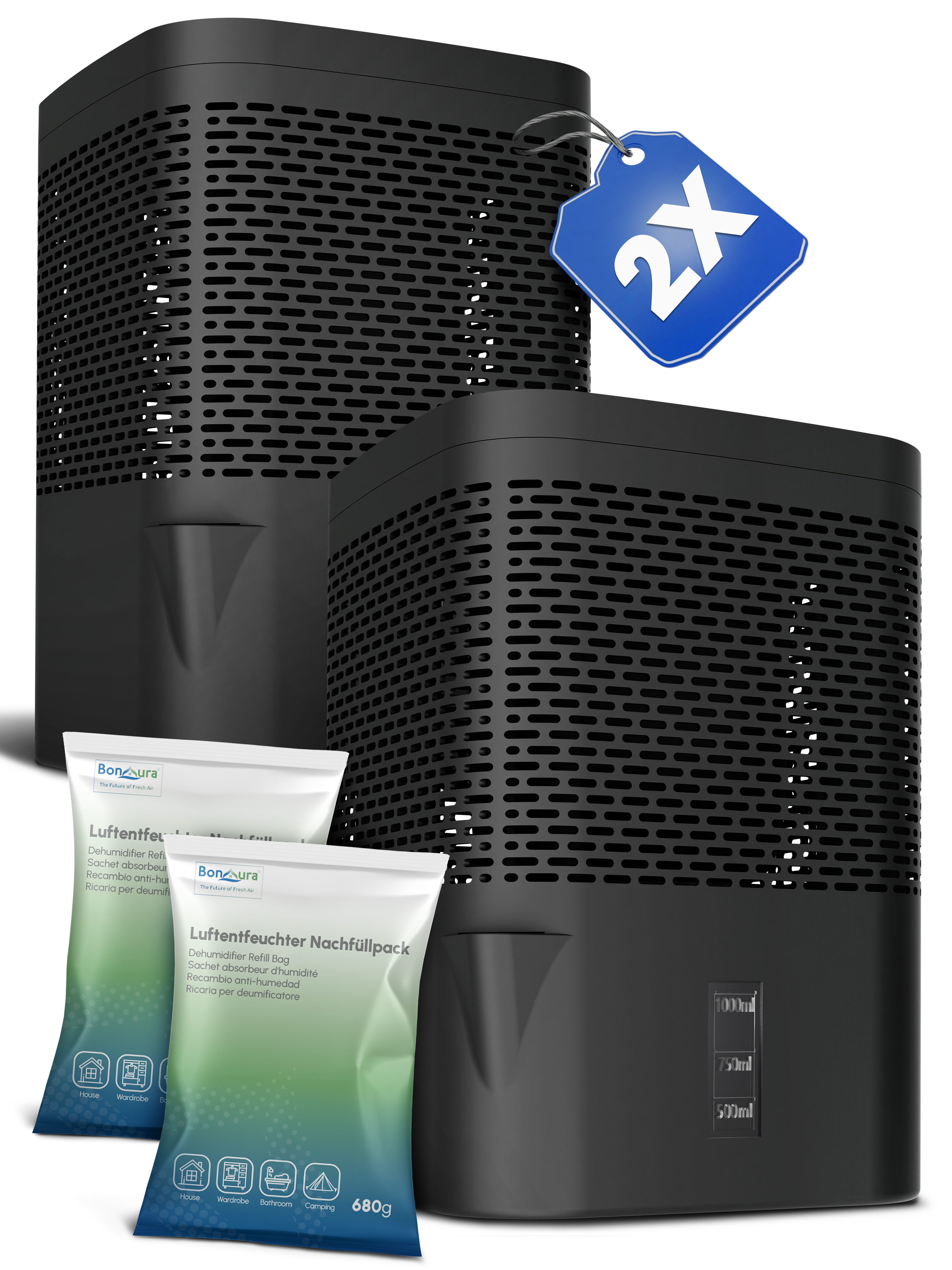 Set of 2 AirOne granulate dehumidifiers with 2x 680g dehumidifier granules