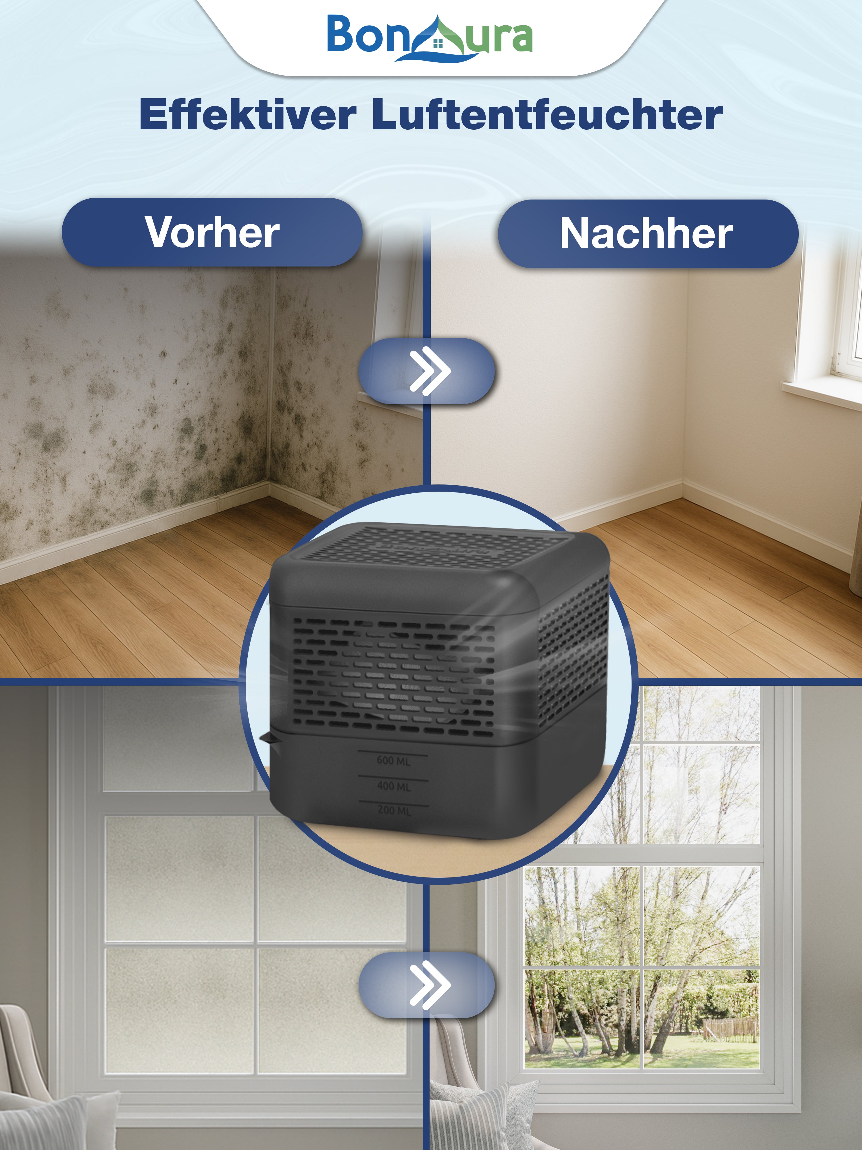 AirOne Select Bundle aus Luftentfeuchter ohne Strom und Granulat 400g (eckig)