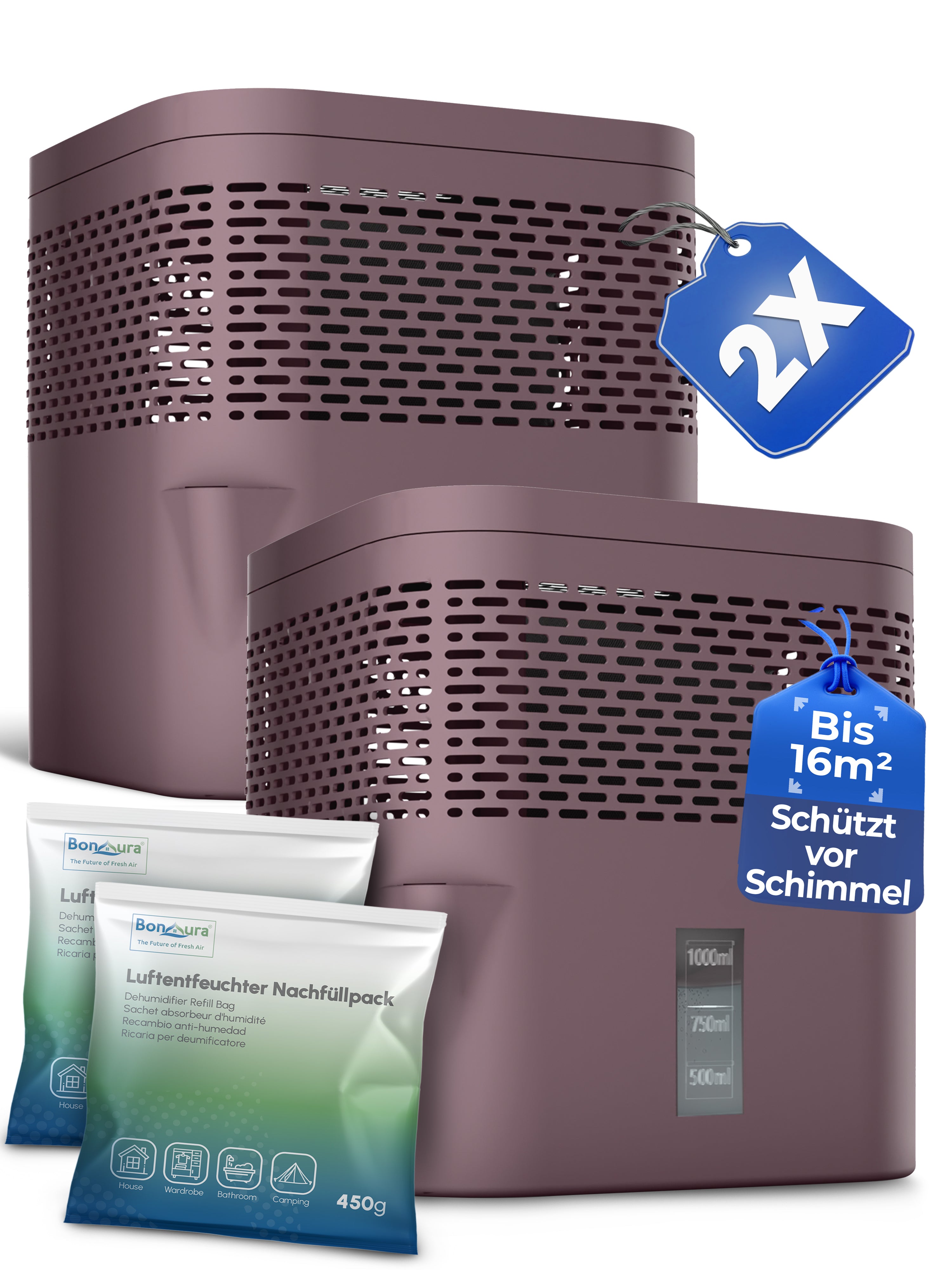 Lot de 2 déshumidificateurs AirOne Lite (sans électricité) avec 2 sachets de 450 g de granulés déshumidifiants.