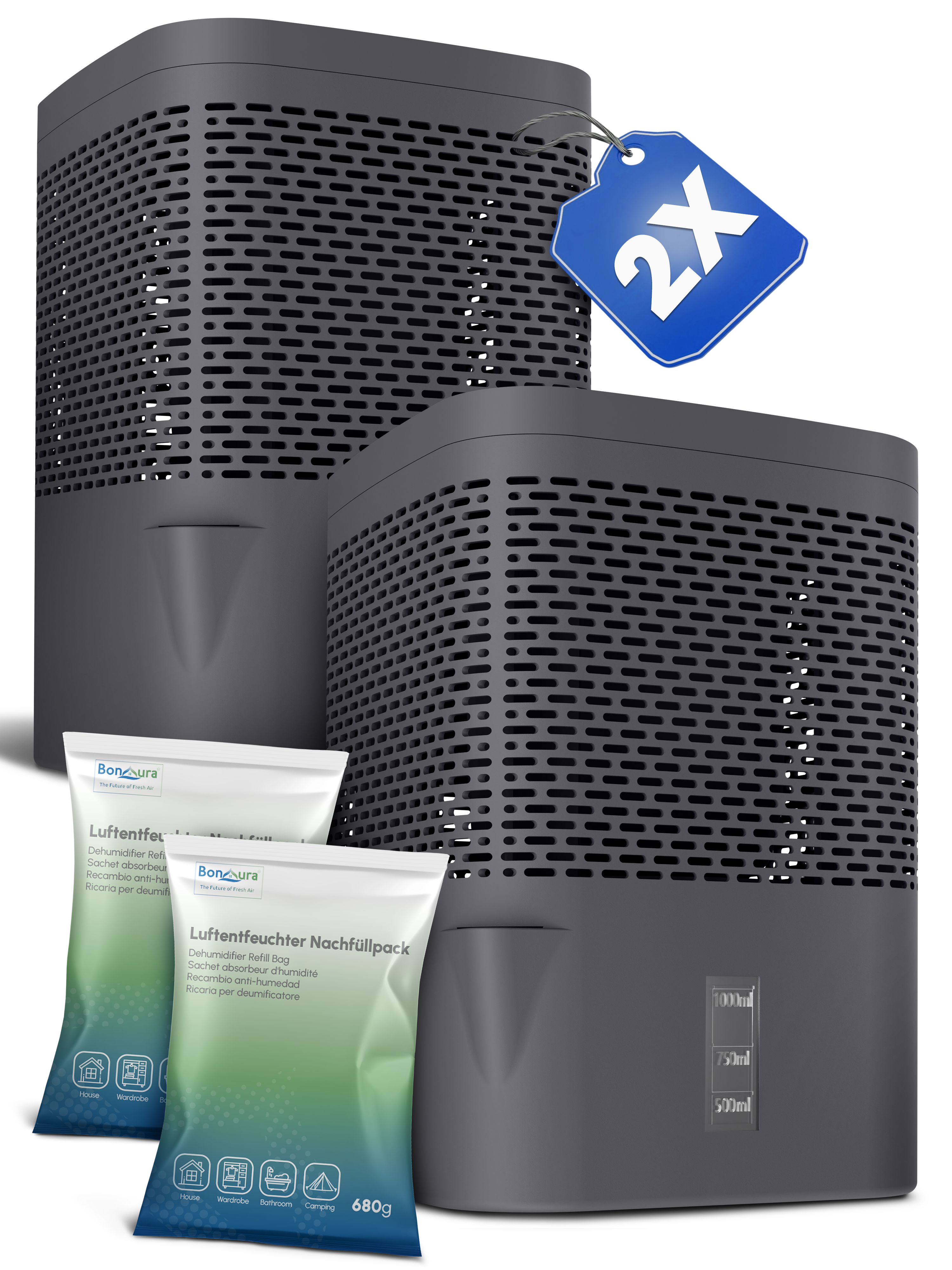 Set of 2 AirOne granulate dehumidifiers with 2x 680g dehumidifier granules