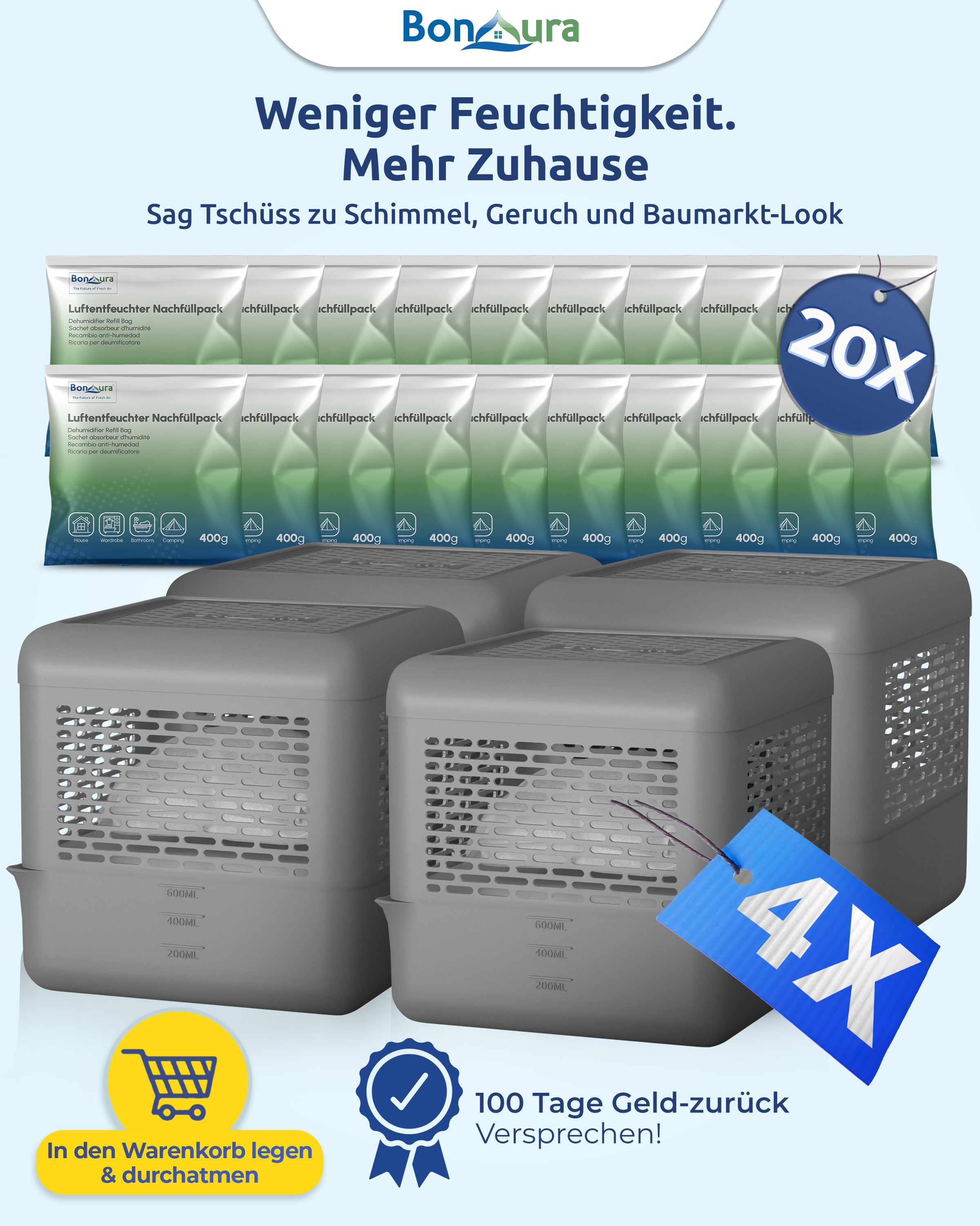 AirOne Select Bundle aus Luftentfeuchter ohne Strom und Granulat 400g (eckig)