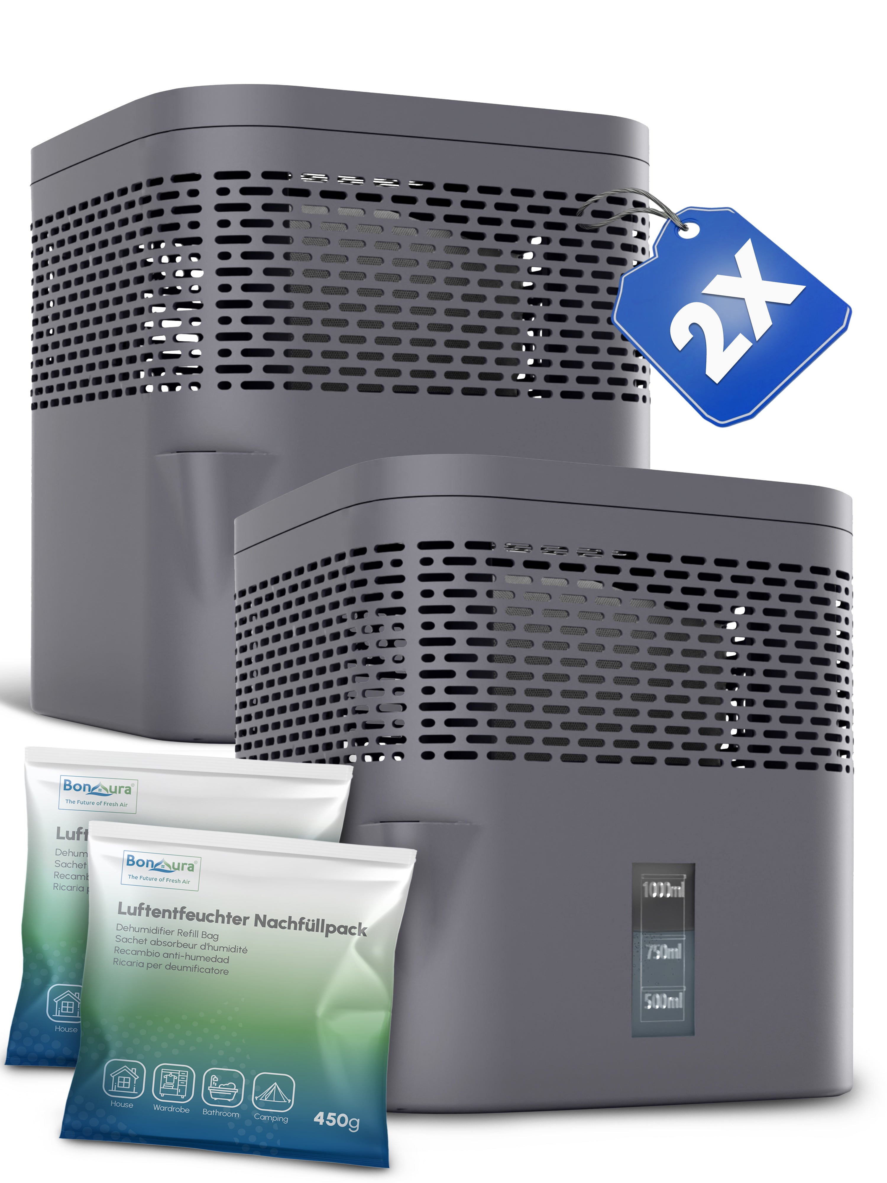 Set of 2 AirOne Lite granulate dehumidifiers with 2x 450g dehumidifier granules