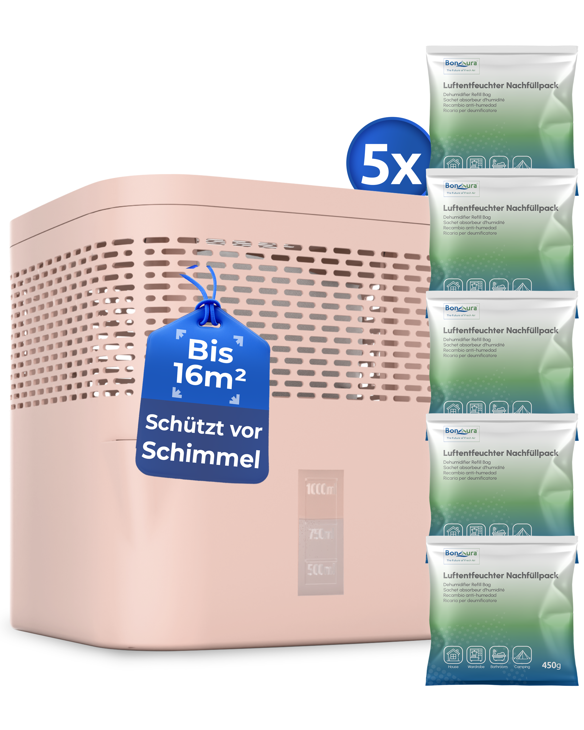 AirOne Lite Bundle aus Luftentfeuchter ohne Strom und 5 x Granulat 450g