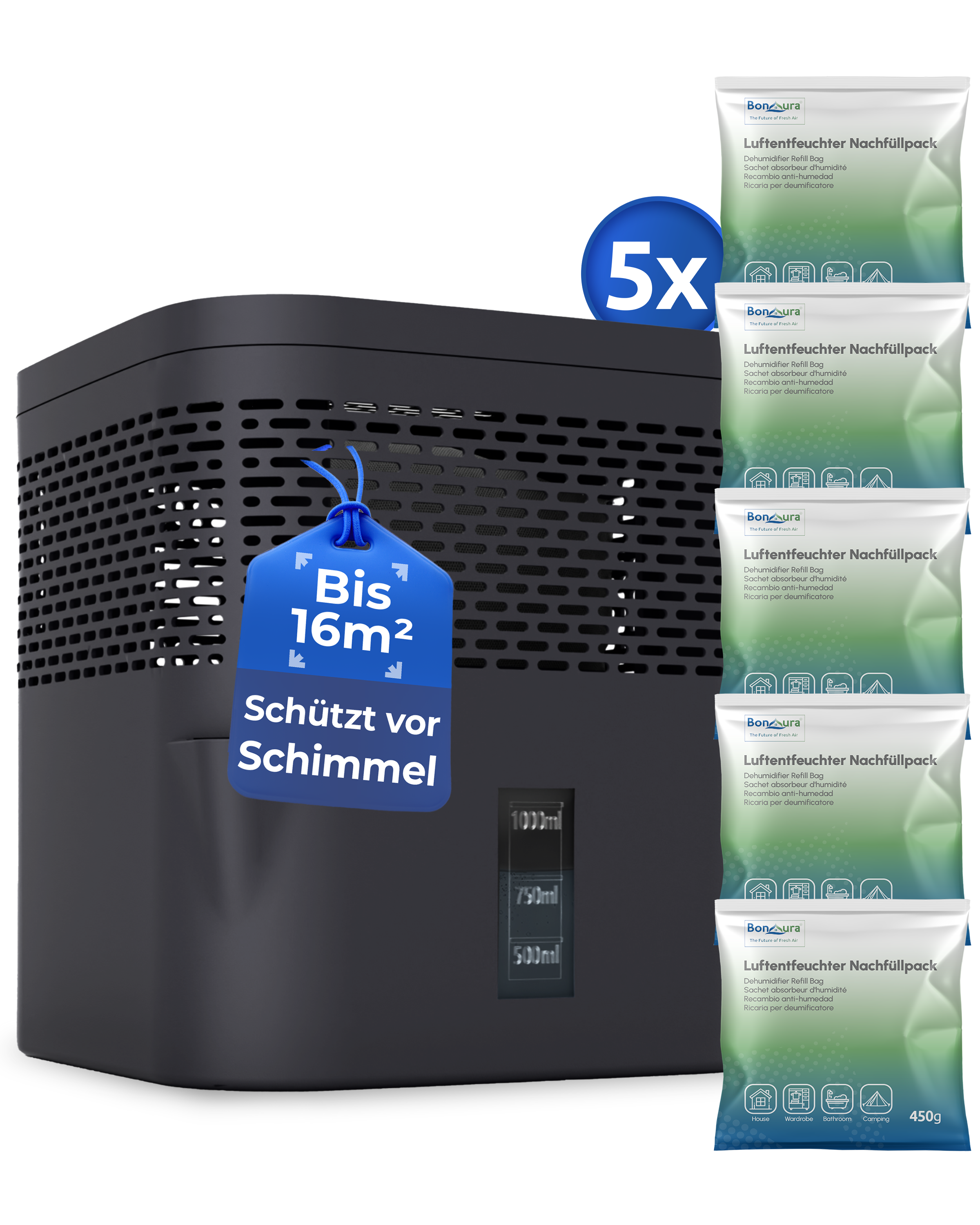 AirOne Lite Bundle aus Luftentfeuchter ohne Strom und 5 x Granulat 450g