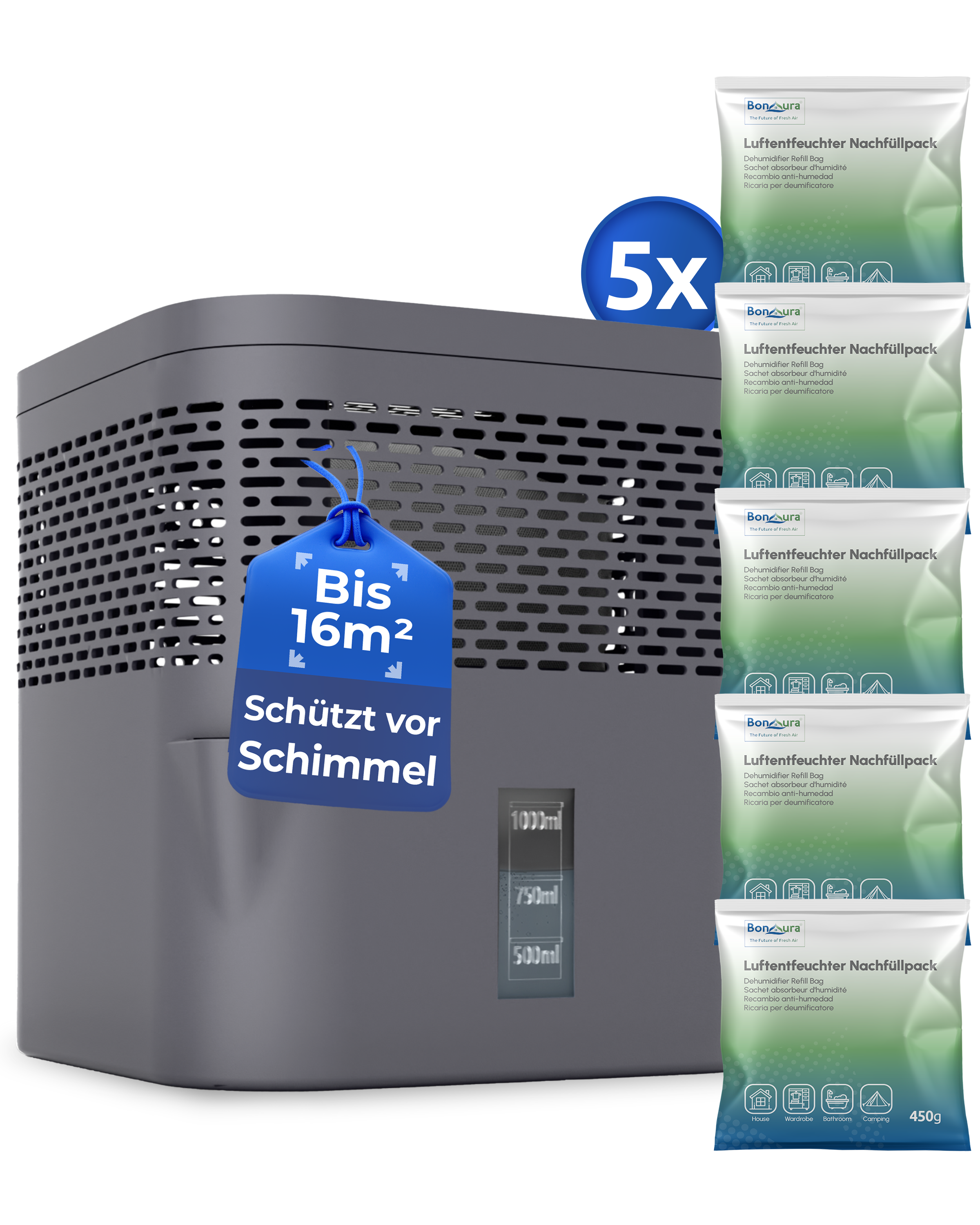 AirOne Lite Bundle aus Luftentfeuchter ohne Strom und 5 x Granulat 450g