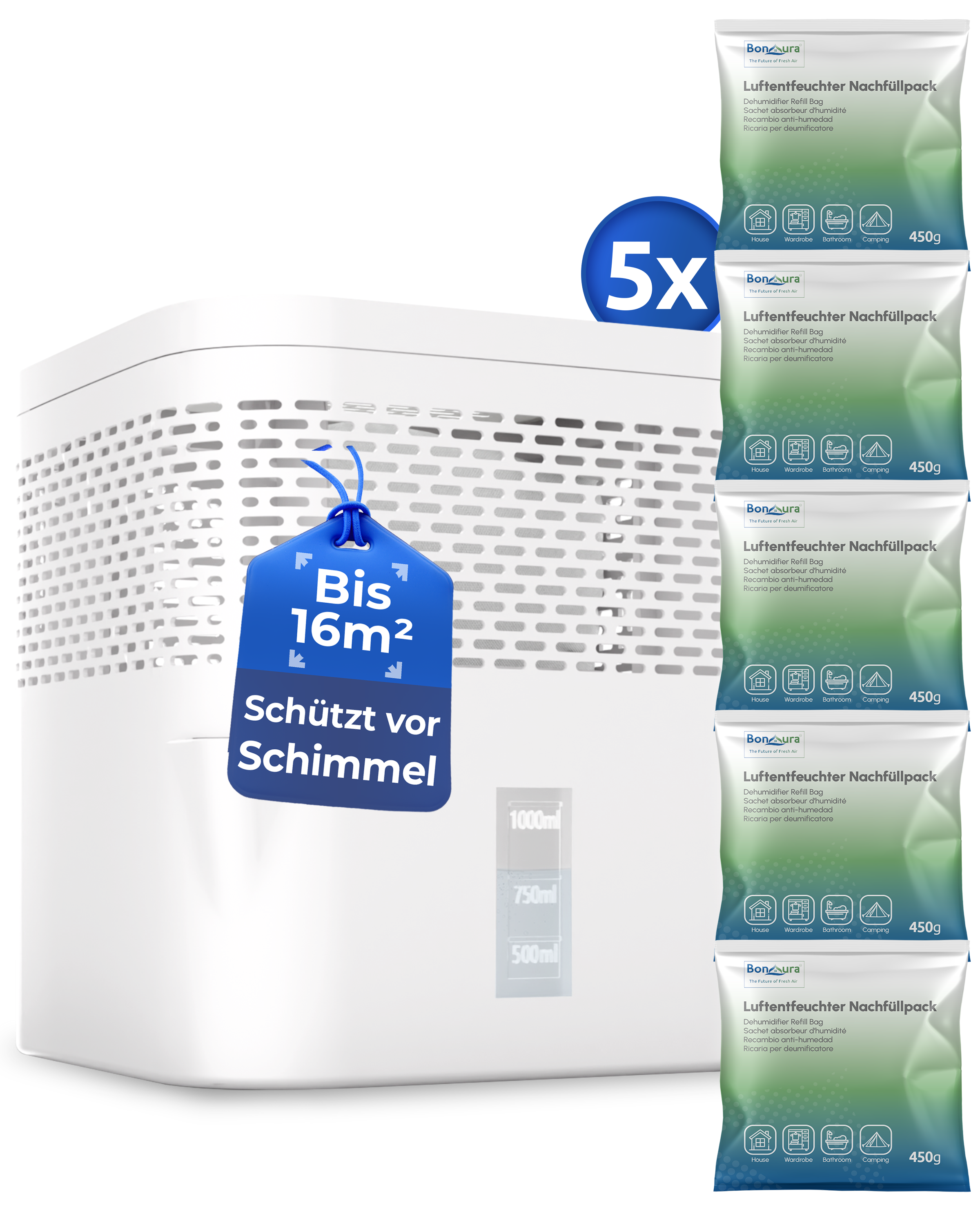 AirOne Lite Bundle aus Luftentfeuchter ohne Strom und 5 x Granulat 450g