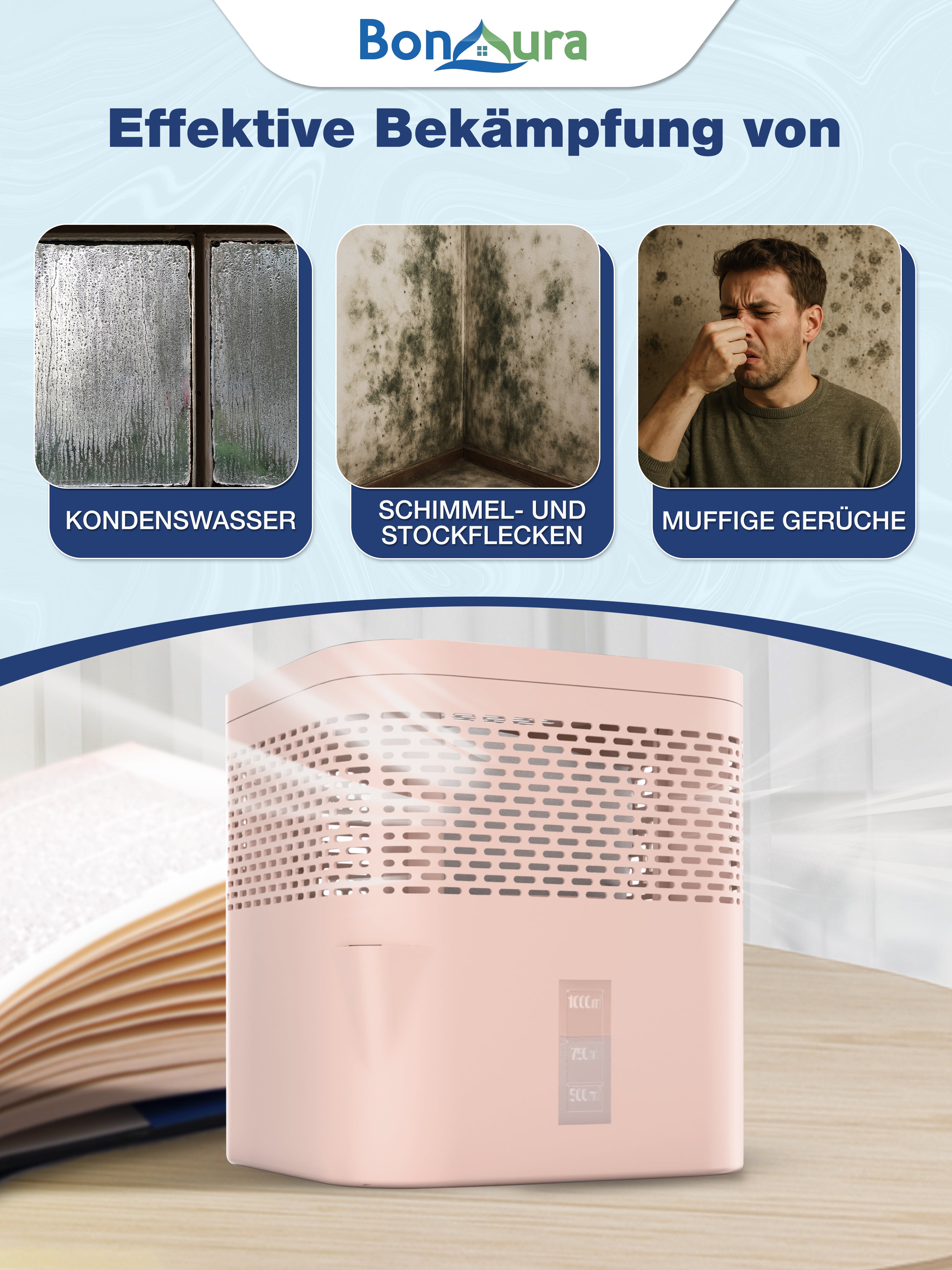 Lot de 2 déshumidificateurs AirOne Lite (sans électricité) avec 2 sachets de 450 g de granulés déshumidifiants.