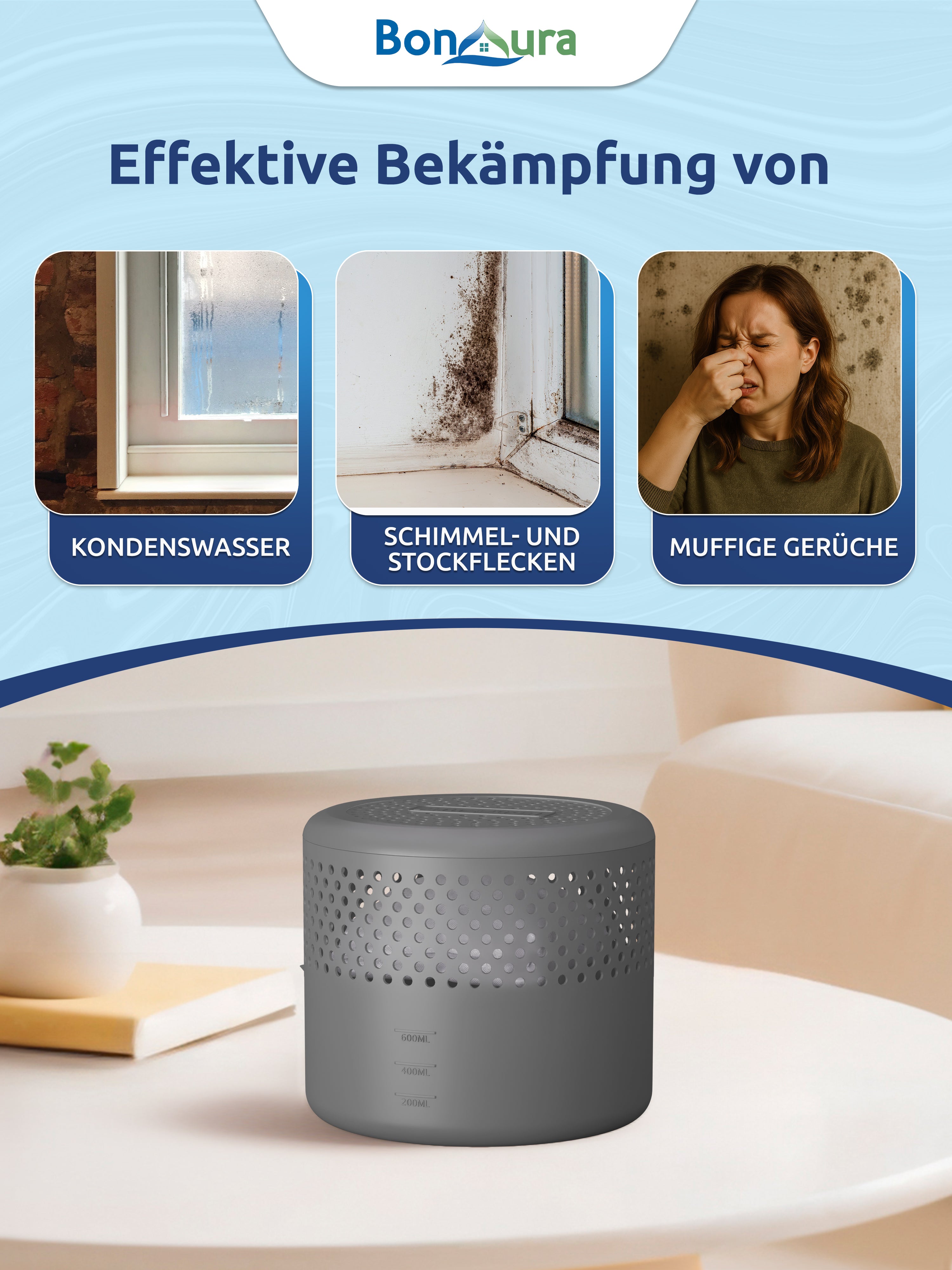 AirOne Select Bundle aus Luftentfeuchter ohne Strom und Granulat 400g (rund)