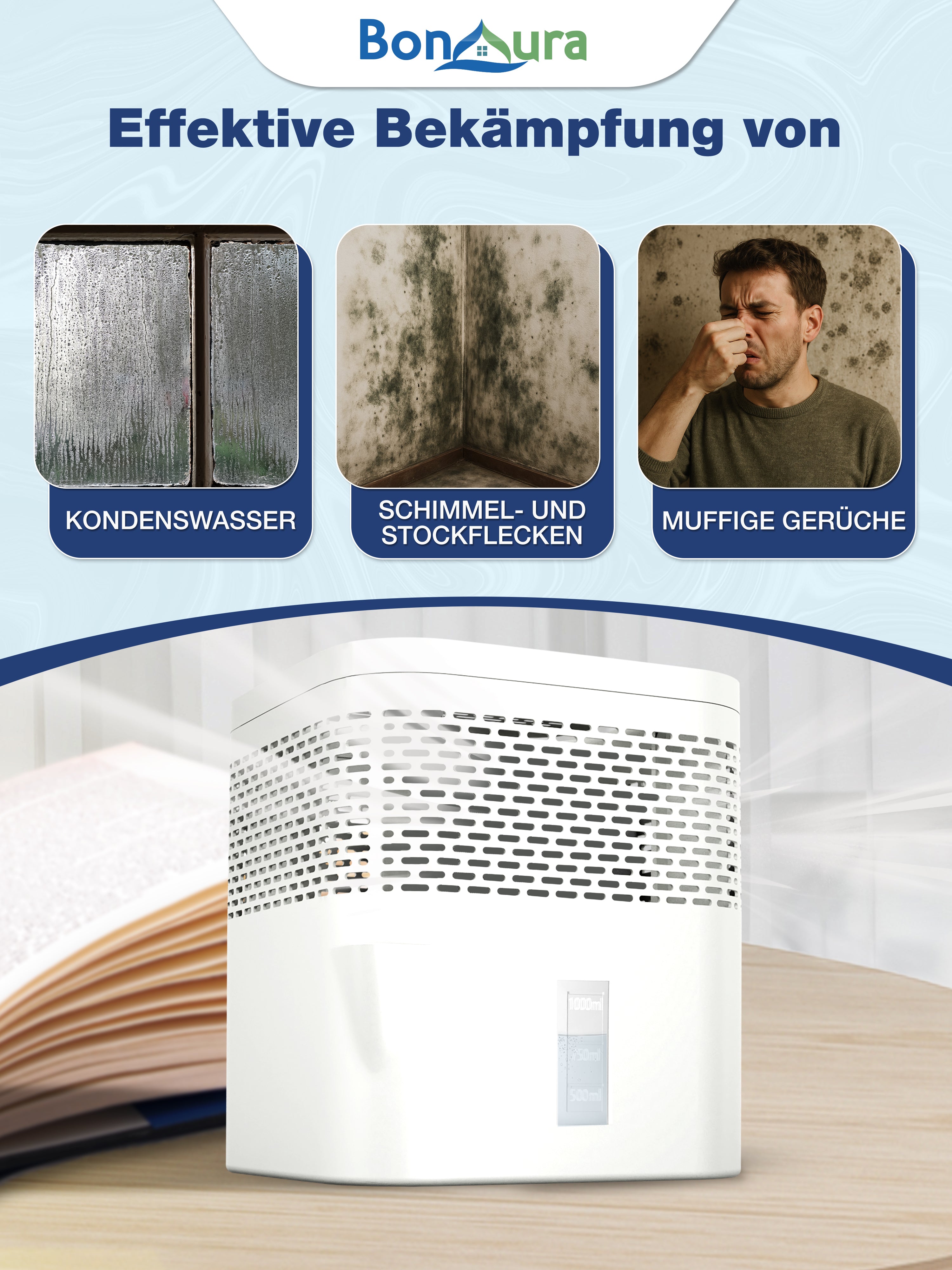 Lot de 2 déshumidificateurs AirOne Lite (sans électricité) avec 2 sachets de 450 g de granulés déshumidifiants.