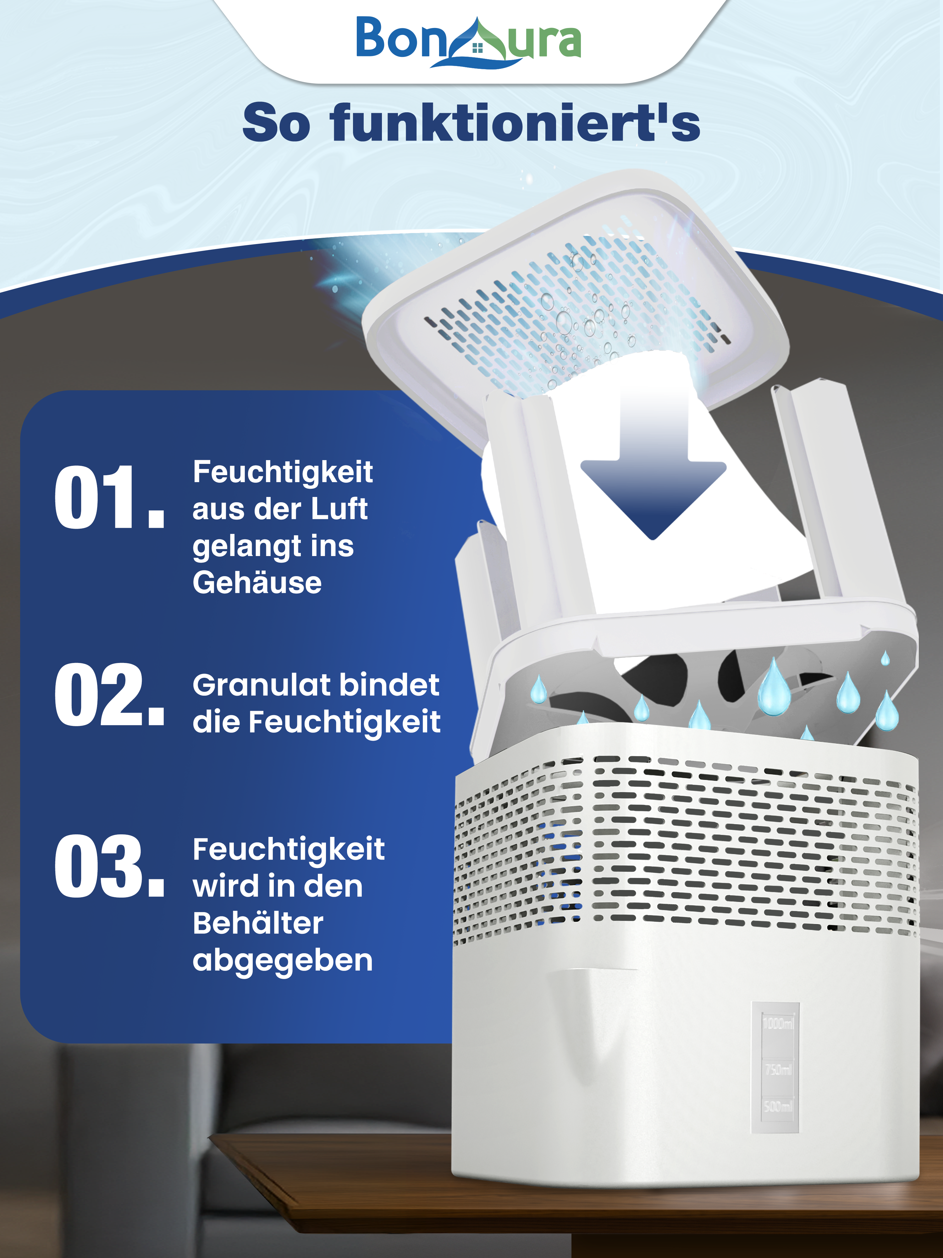 Lot de 2 déshumidificateurs AirOne Lite (sans électricité) avec 2 sachets de 450 g de granulés déshumidifiants.