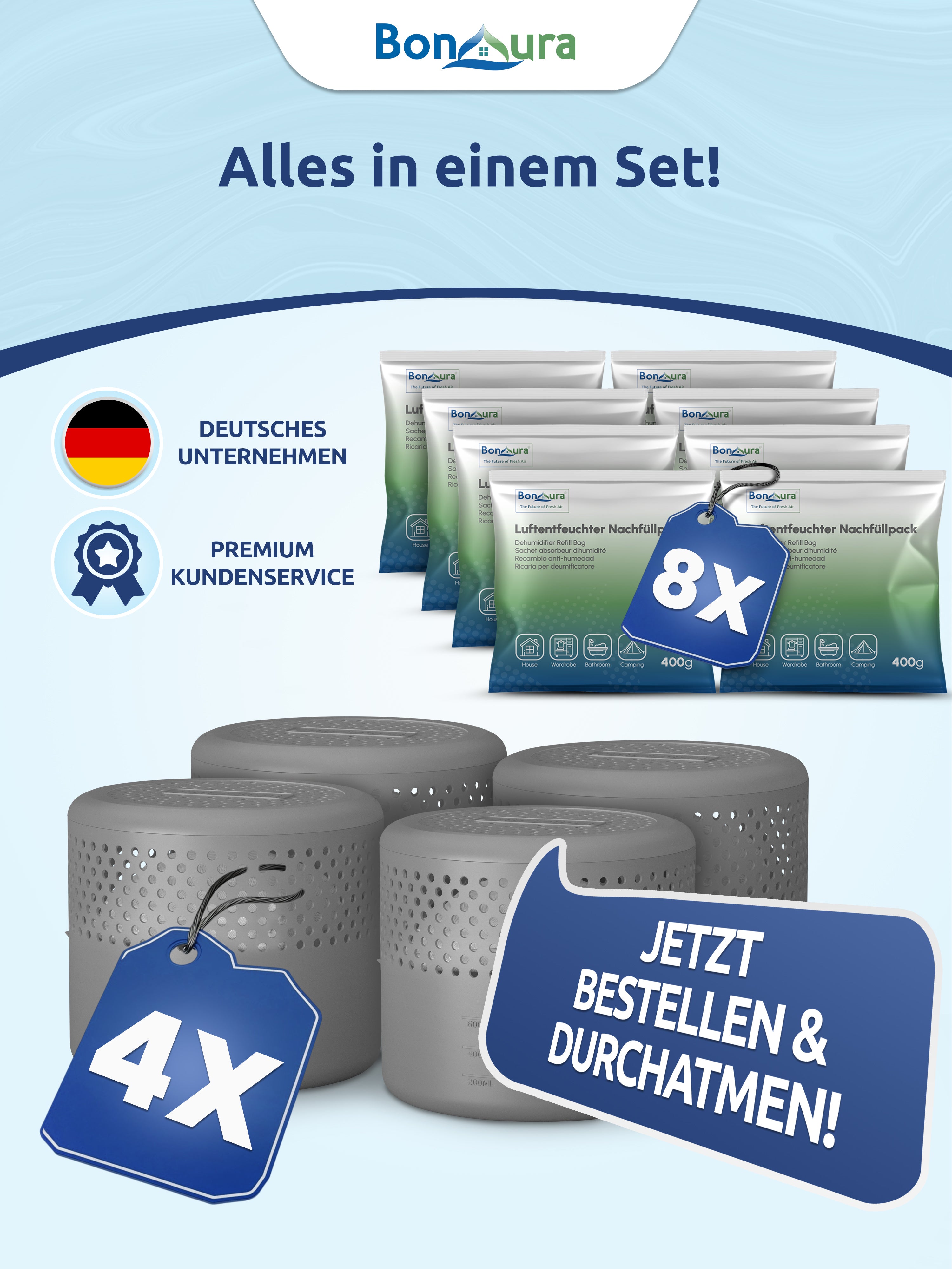 AirOne Select Bundle aus Luftentfeuchter ohne Strom und Granulat 400g (rund)