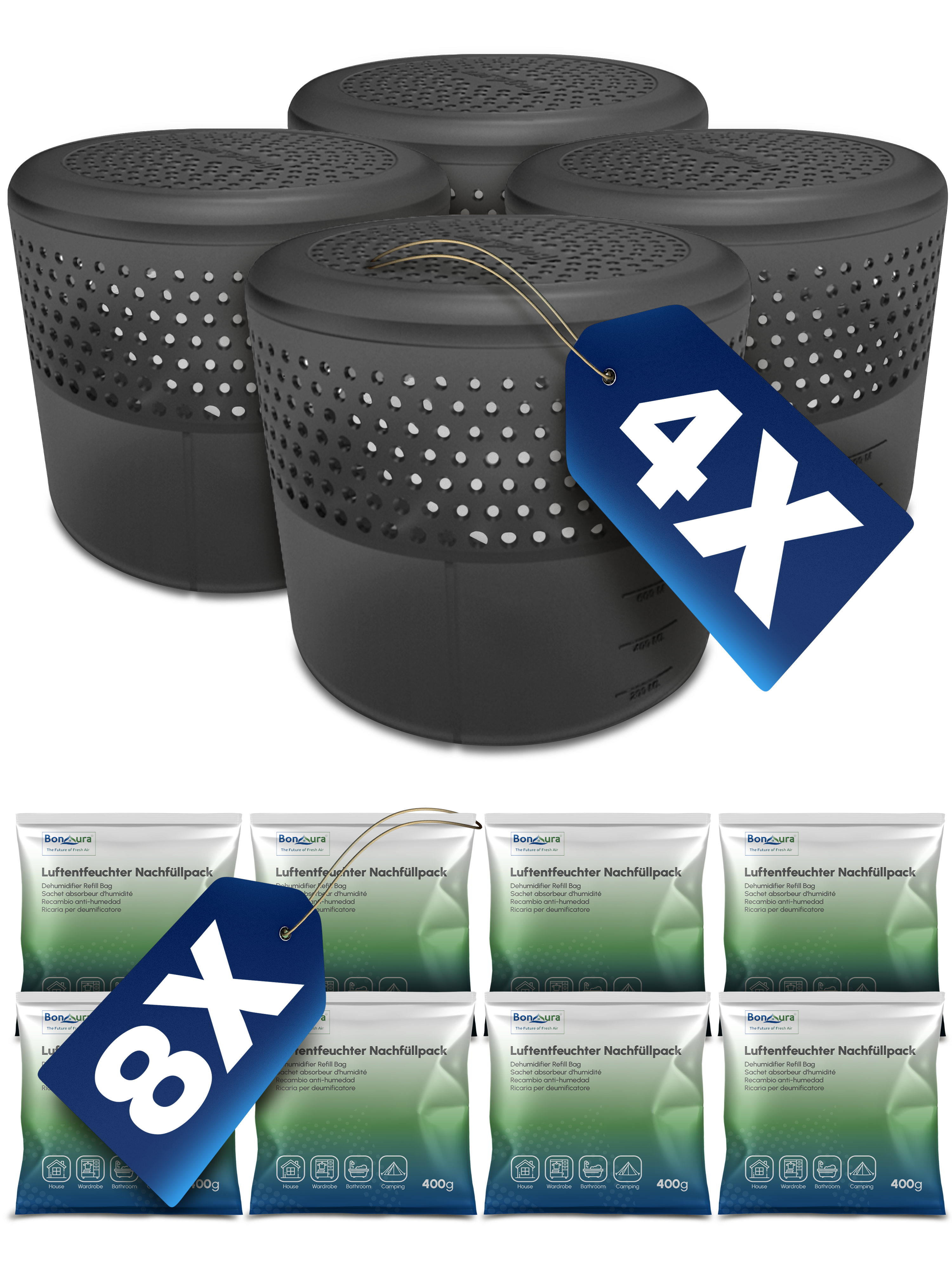 AirOne Select Bundle aus Luftentfeuchter ohne Strom und Granulat 400g (rund)