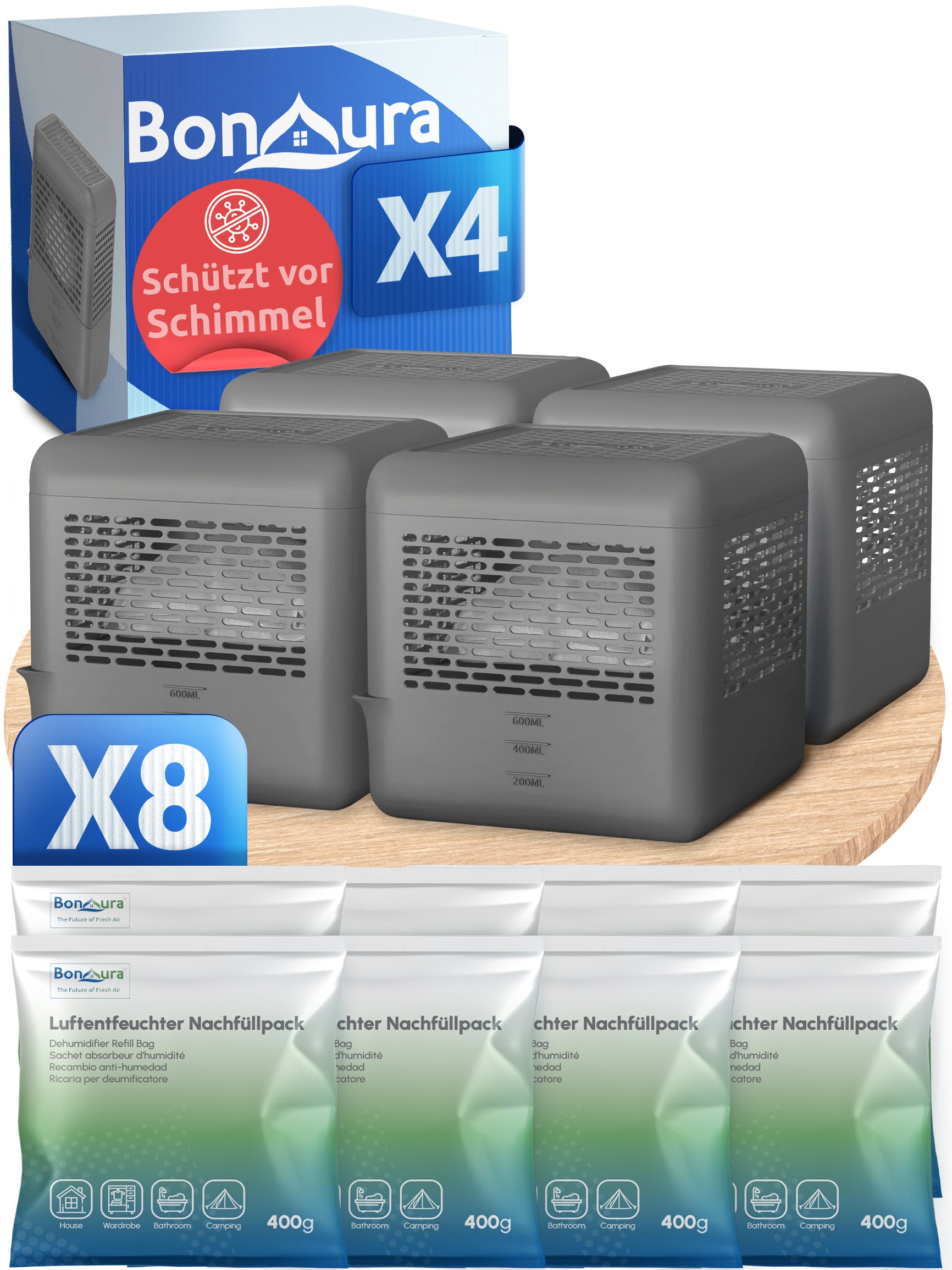 AirOne Select Bundle aus Luftentfeuchter ohne Strom und Granulat 400g (eckig)