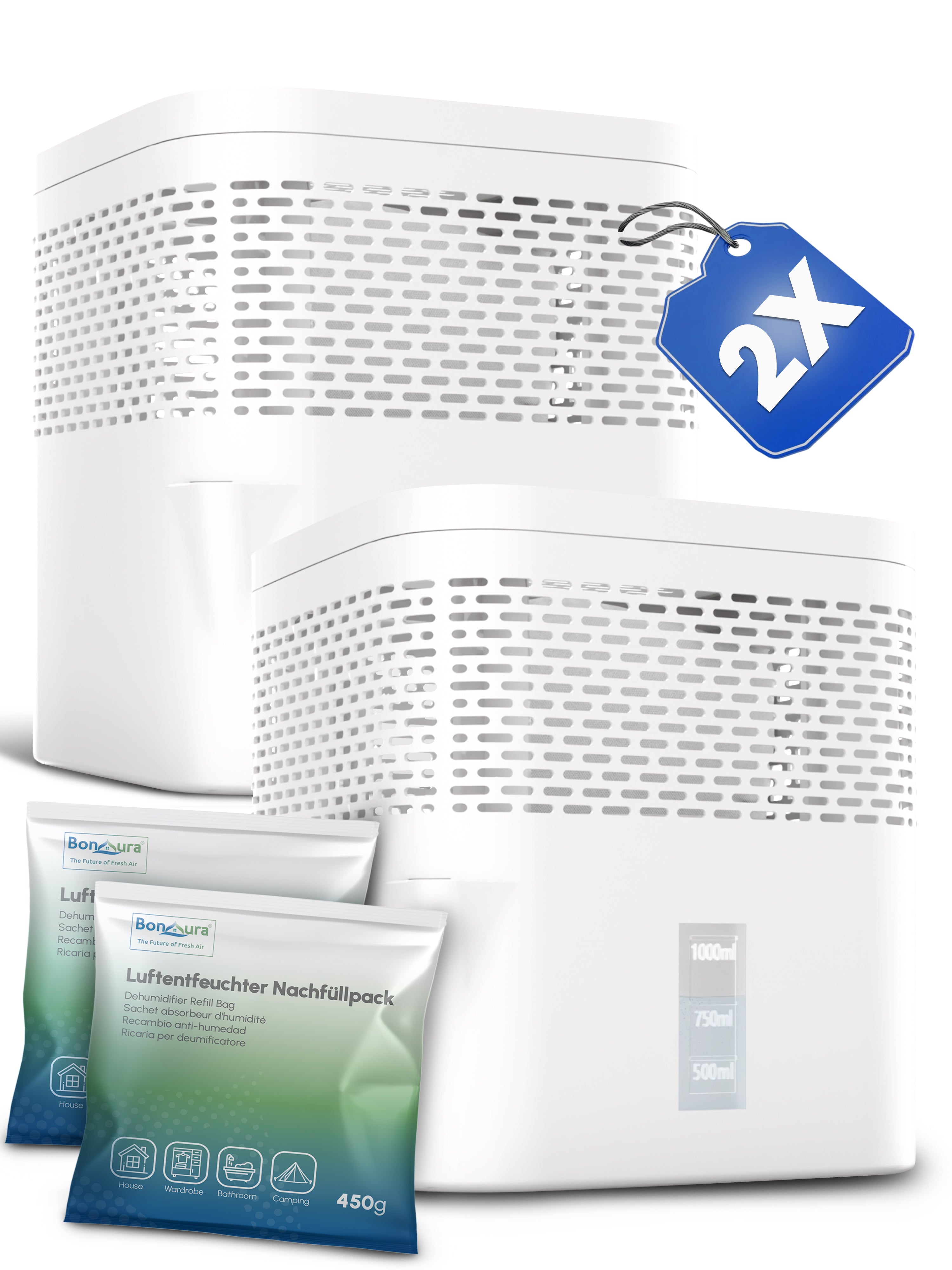 Set of 2 AirOne Lite granulate dehumidifiers with 2x 450g dehumidifier granules